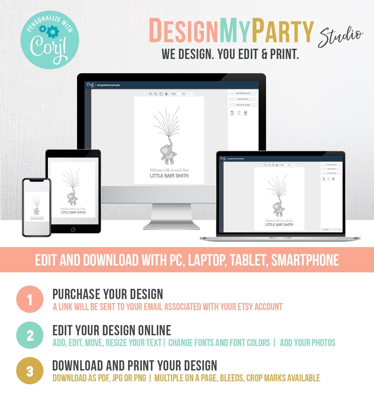 Editable Elephant Baby shower Fingerprint Guestbook Thumbprint Guest Book Boy Girl Birthday Animals Download PRINTABLE Template Corjl 0037