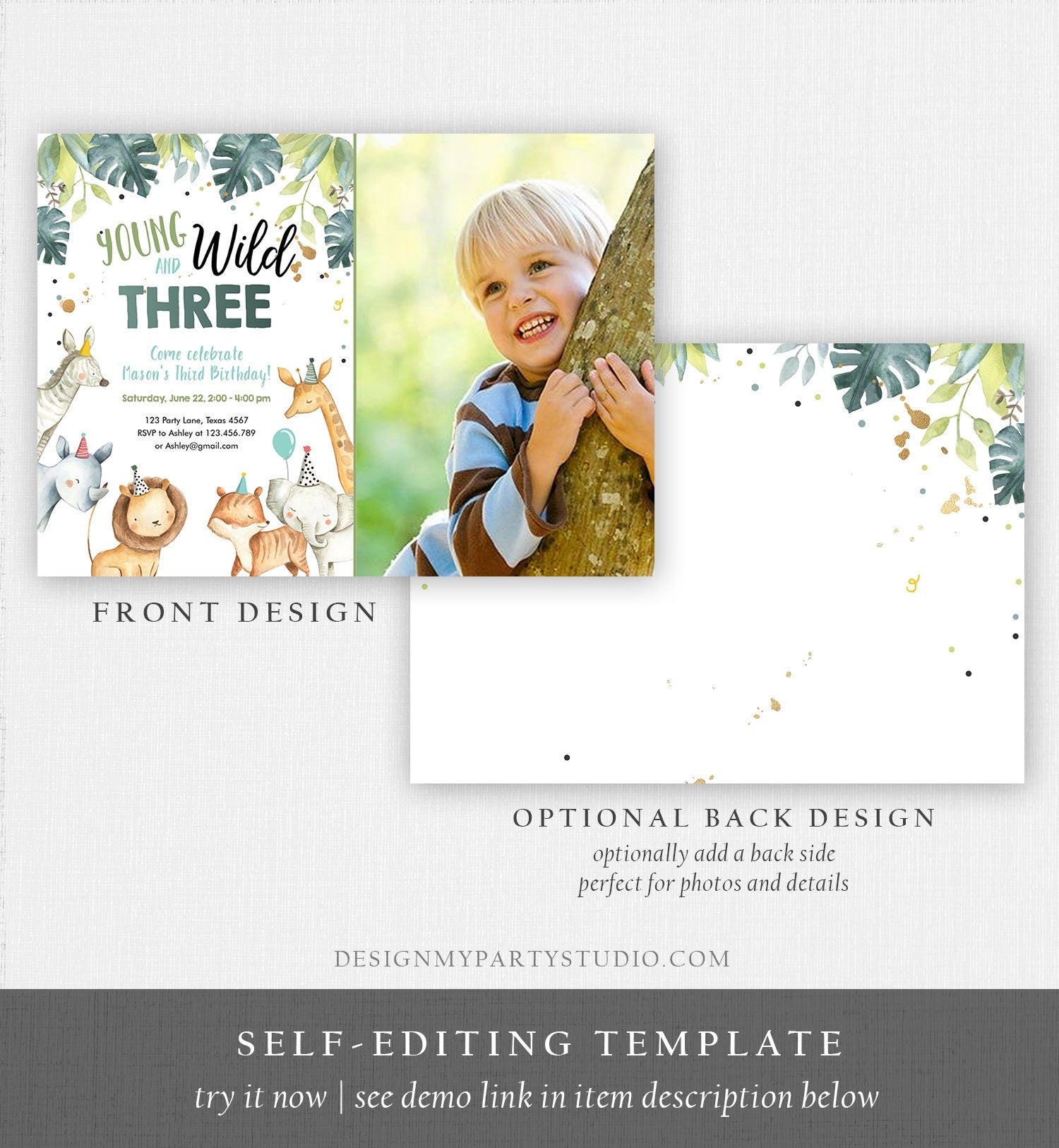 Editable Young Wild and Three Birthday Invitation Boy Safari Animals Green Party Animals Third Birthday 3rd Template Corjl Printable 0163