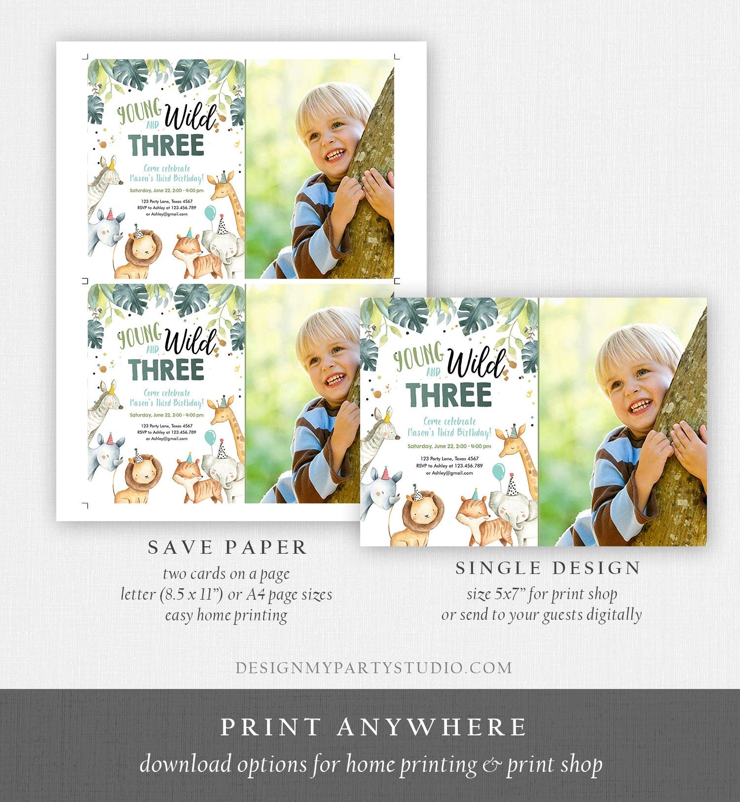 Editable Young Wild and Three Birthday Invitation Boy Safari Animals Green Party Animals Third Birthday 3rd Template Corjl Printable 0163