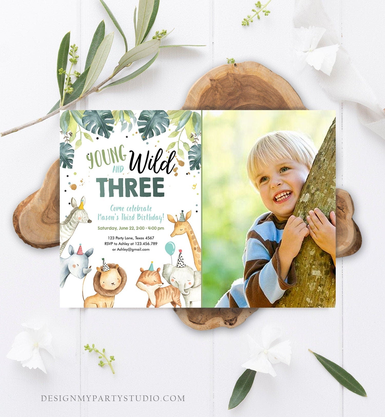 Editable Young Wild and Three Birthday Invitation Boy Safari Animals Green Party Animals Third Birthday 3rd Template Corjl Printable 0163
