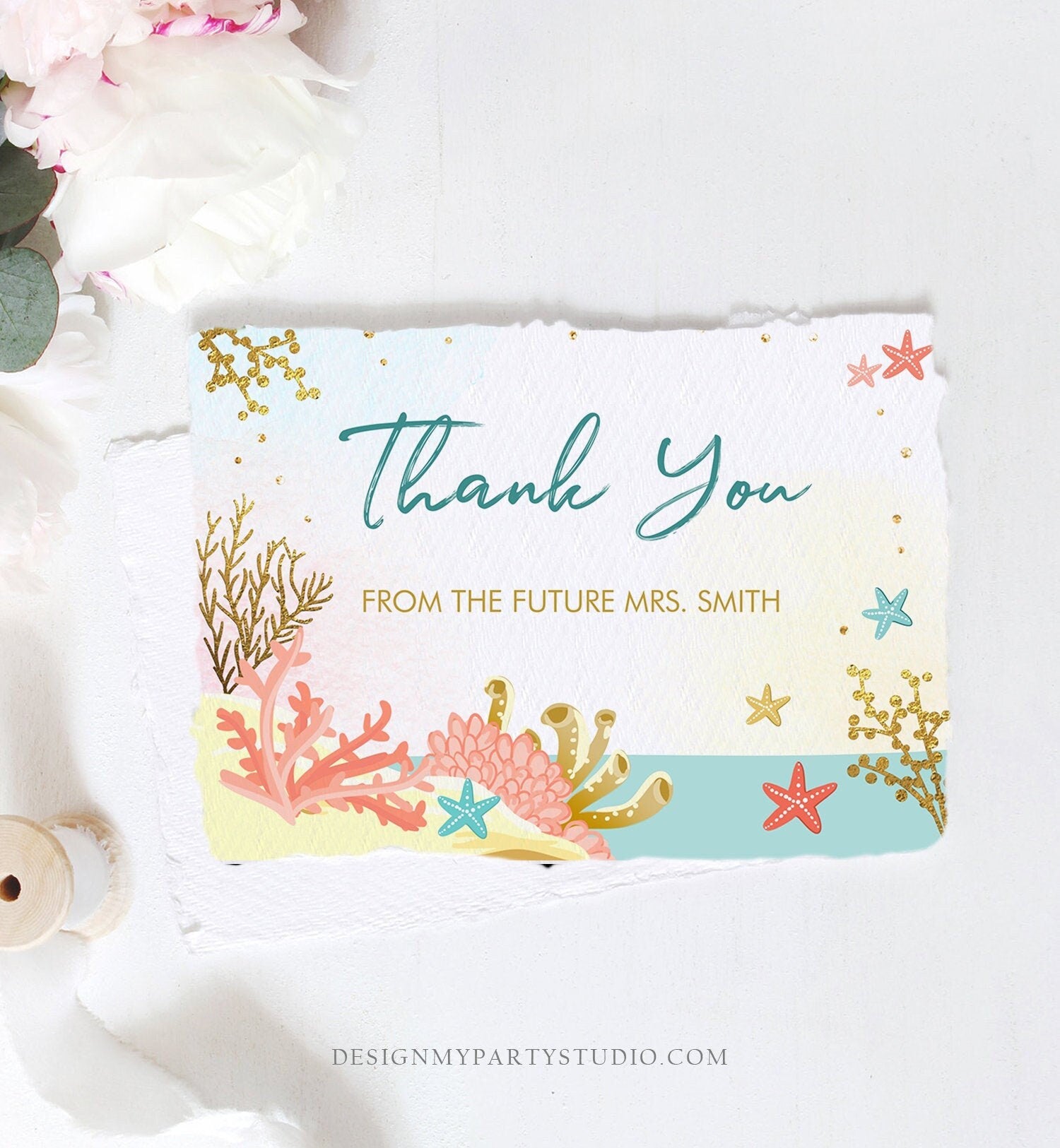 Editable Beach Themed Bridal Shower Thank You Card Nautical Thank You Note Summer Starfish Coral Gold Printable Template Download Corjl 0129