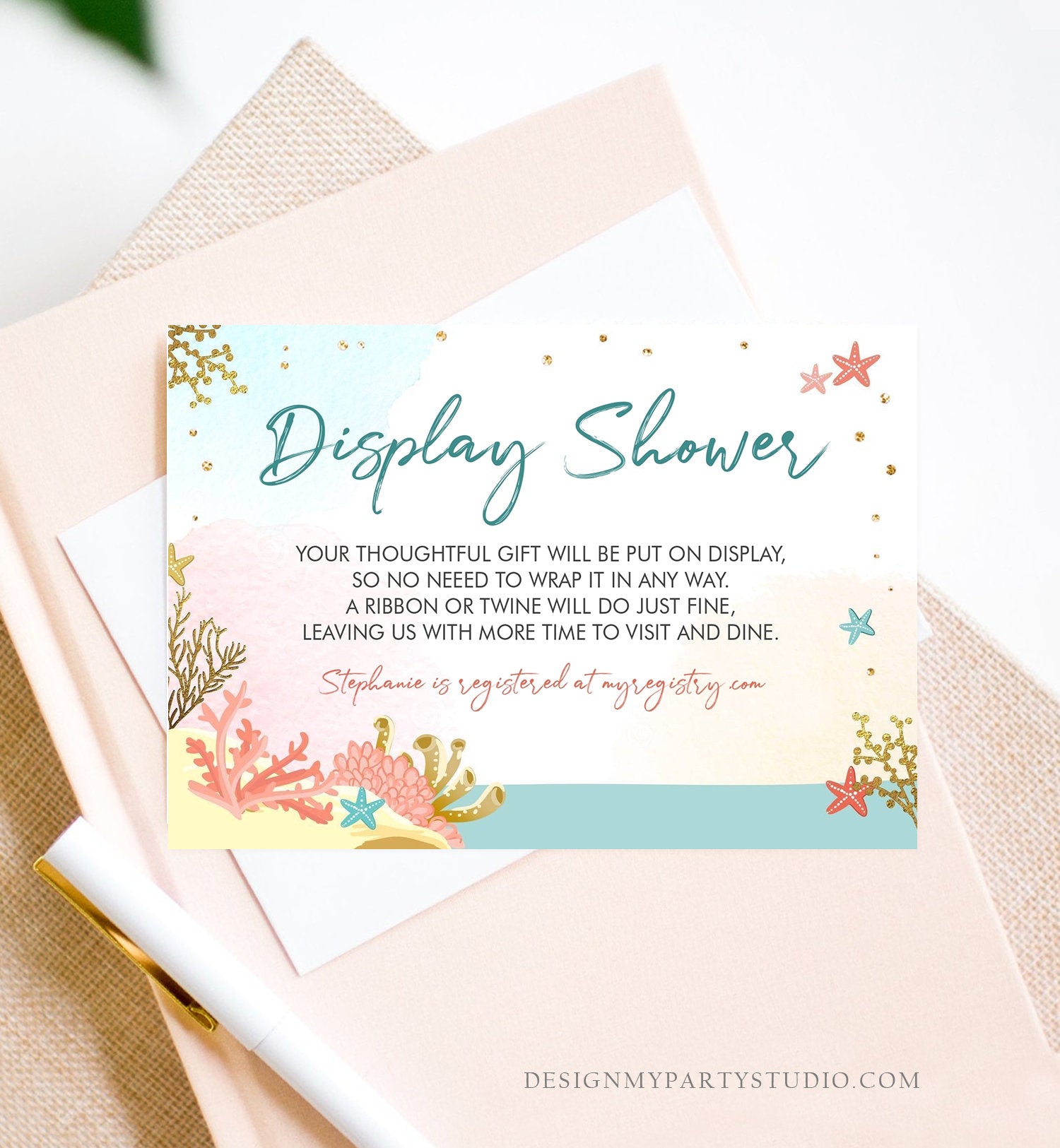 Editable Beach Themed Insert Card Bridal Shower Starfish Nautical Coral Gold Baby Shower Display Shower Cards Template PRINTABLE Corjl 0129