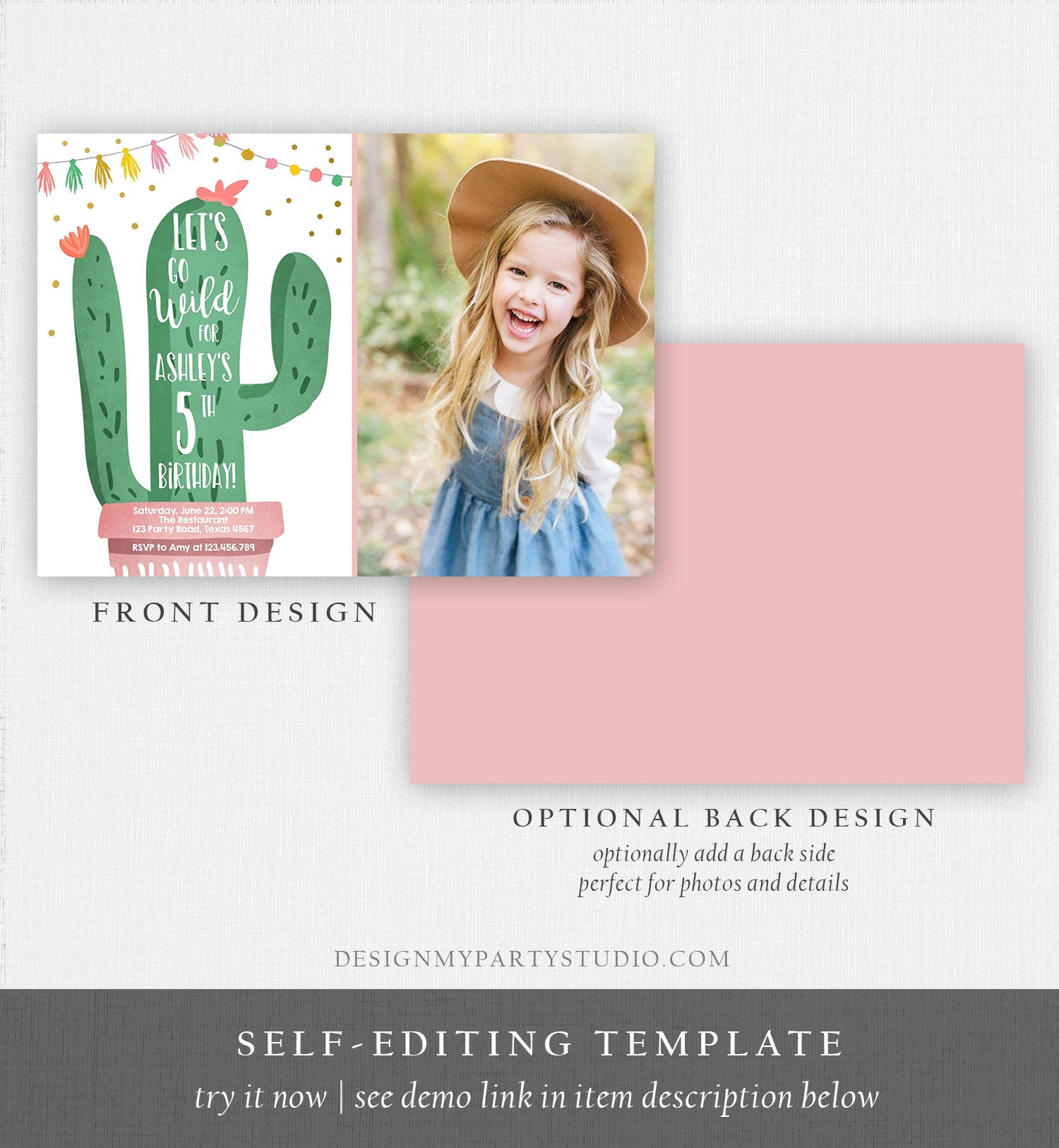 Editable Cactus Fiesta Birthday Invitation Pink Girl First Birthday Succulent 1st Mexican Fiesta and Fun Corjl Template Printable 0255