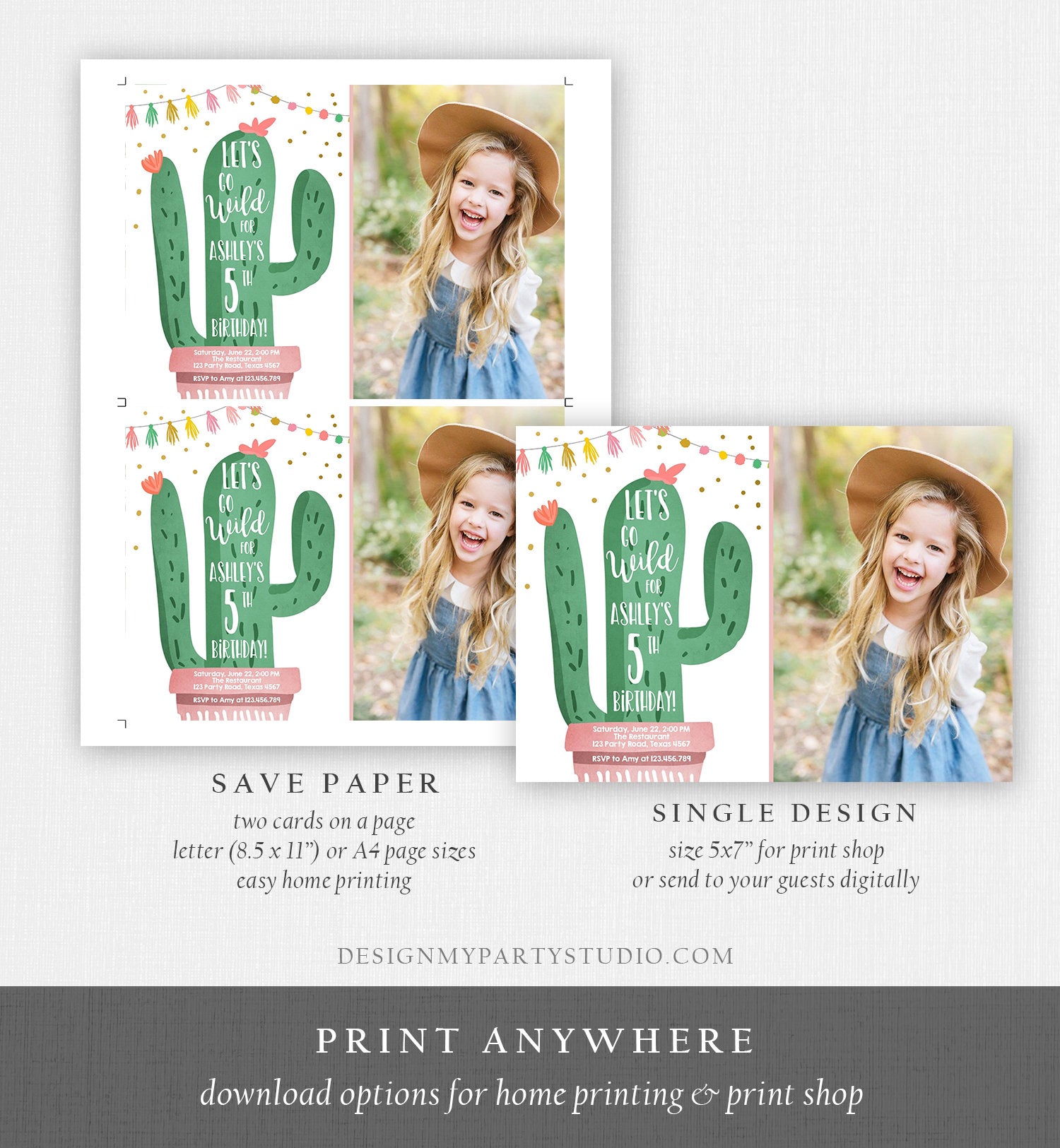 Editable Cactus Fiesta Birthday Invitation Pink Girl First Birthday Succulent 1st Mexican Fiesta and Fun Corjl Template Printable 0255