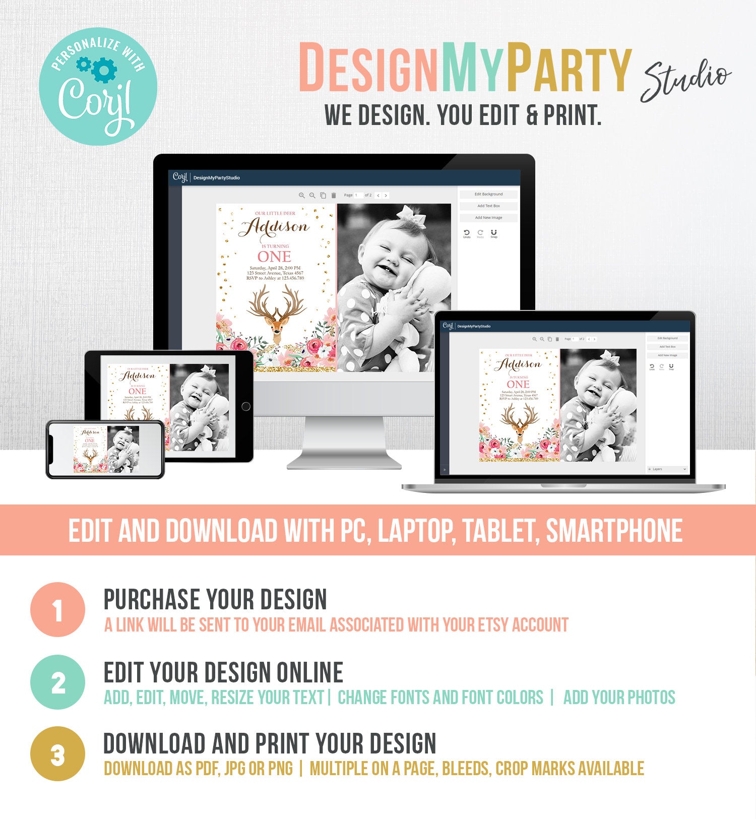 Editable Our Little Deer Birthday Invitation Pink Gold Girl Birthday Floral Woodland Antlers Download Printable Template Corjl Digital 0060