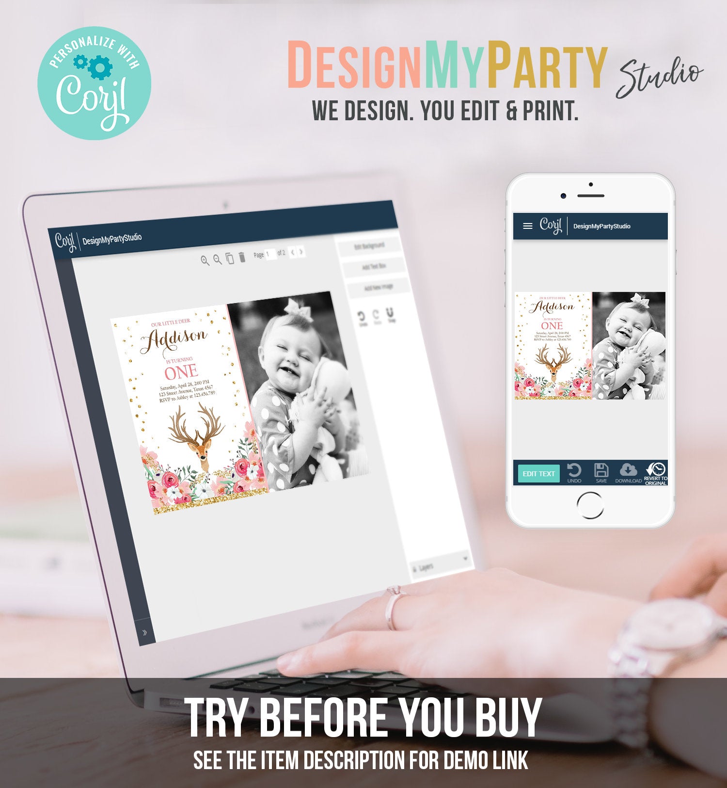 Editable Our Little Deer Birthday Invitation Pink Gold Girl Birthday Floral Woodland Antlers Download Printable Template Corjl Digital 0060