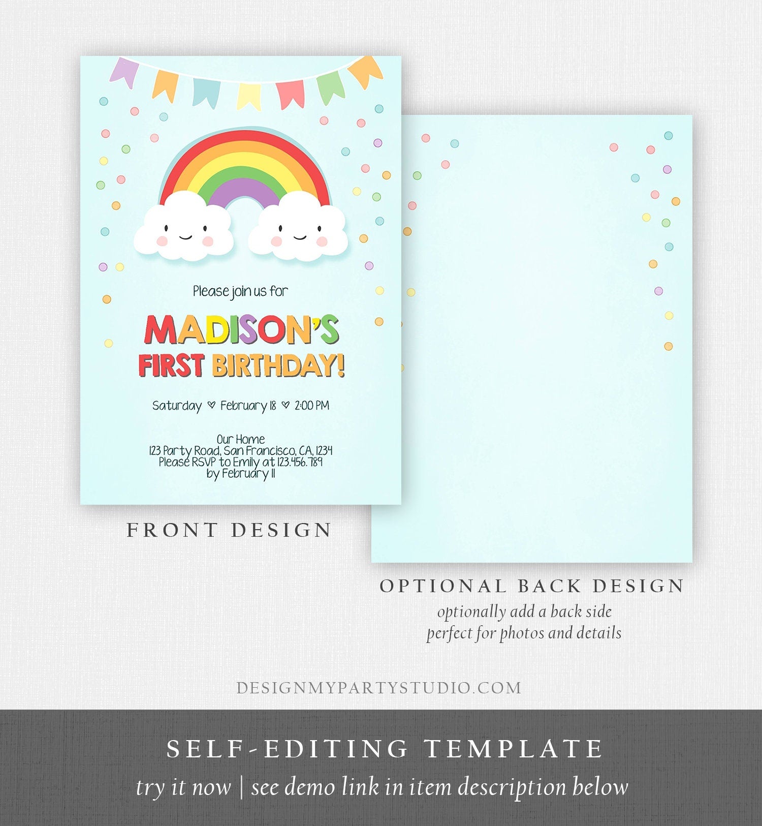Editable Rainbow Birthday Invitation Kids Girl Boy Neutral Party Clouds Colorful Rainbow Colors Printable Corjl Template Digital