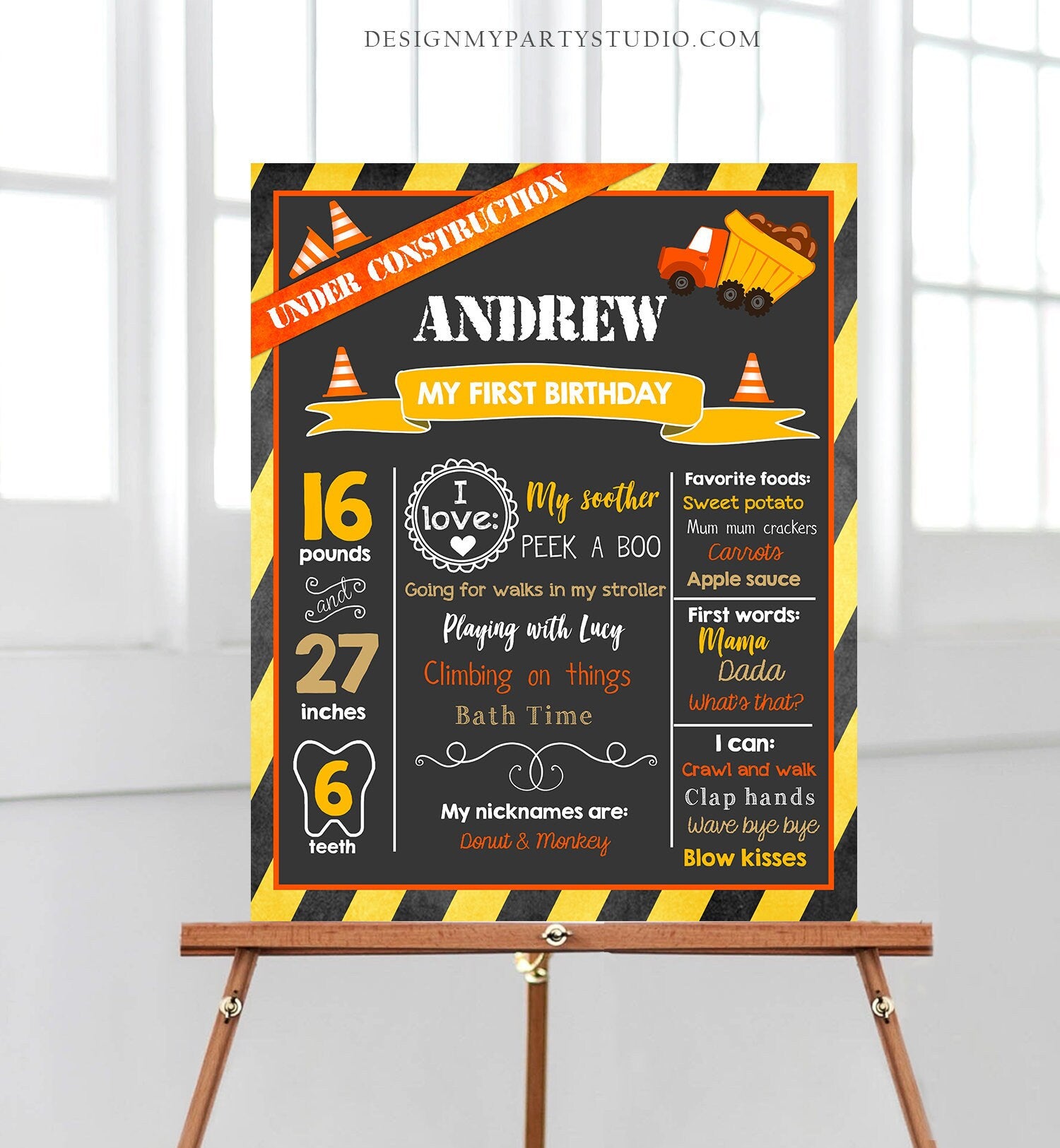 Editable Construction Birthday Milestones Sign Poster First Birthday 1st Yellow Dump Truck Caution Boy Birthday Template Corjl 0157