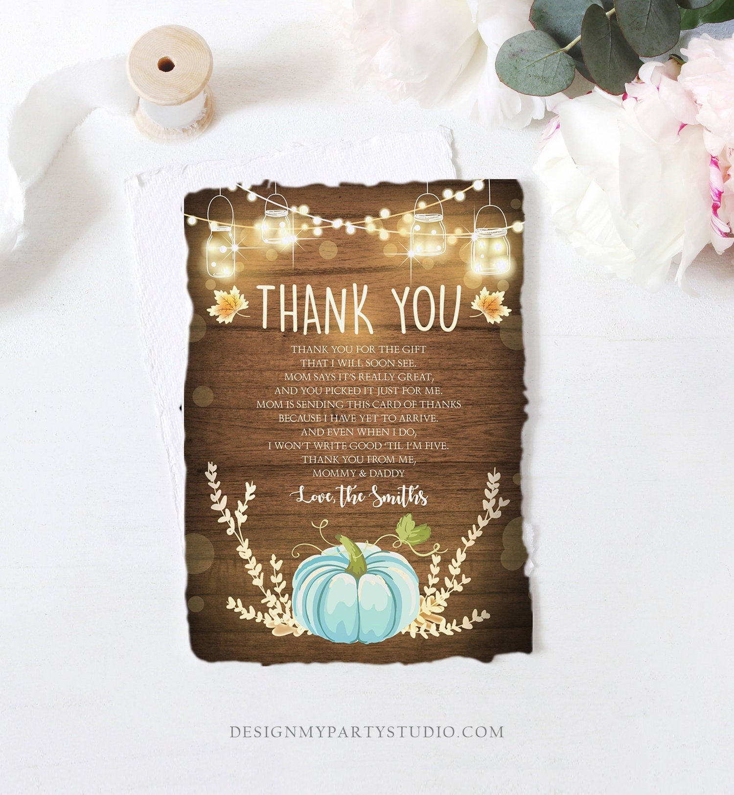 Editable Pumpkin Thank You Card Birthday Baby Shower Thank You Note Rustic Fall Autumn Little Pumpkin Sprinkle Corjl Template Printable 0015