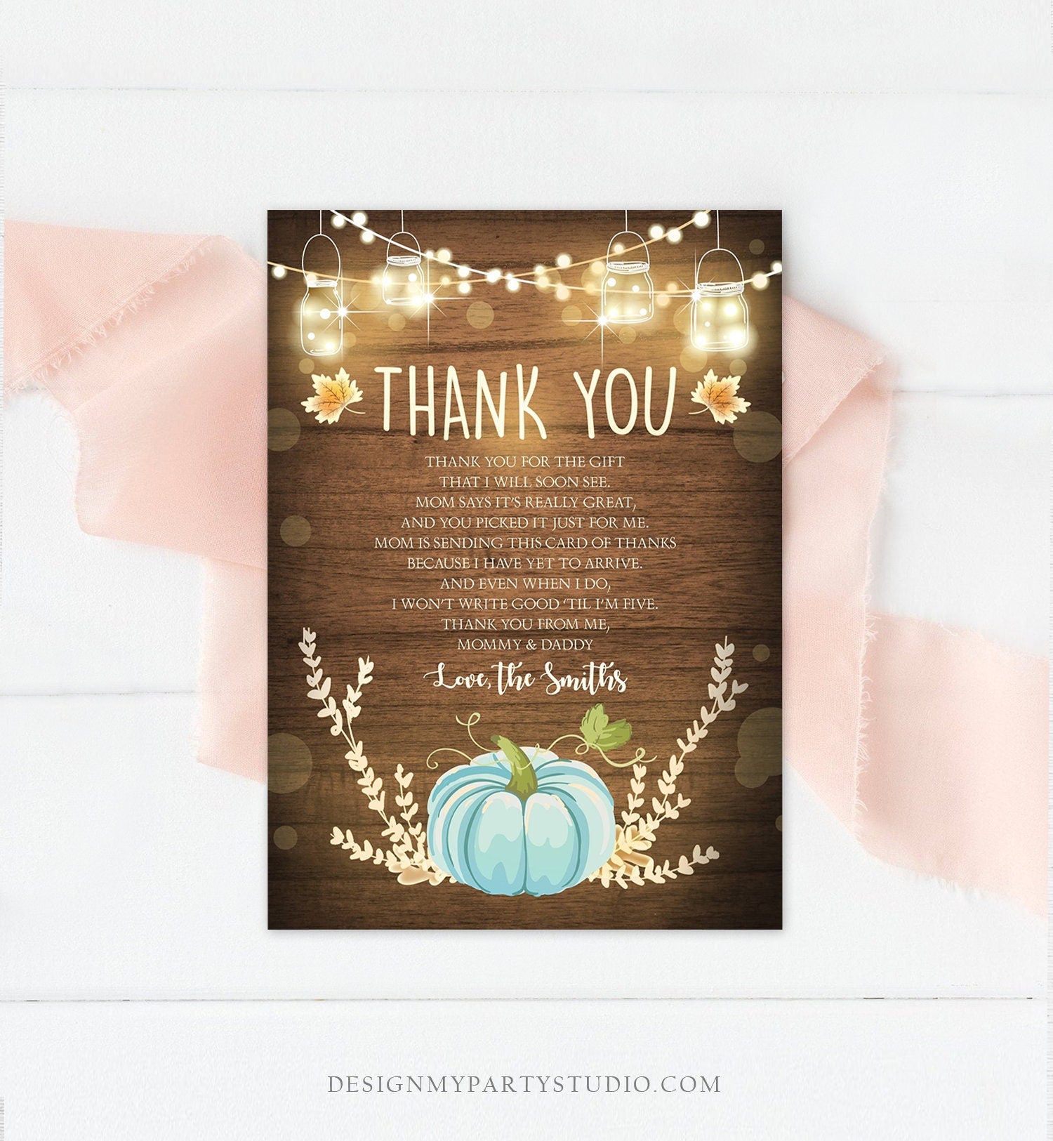 Editable Pumpkin Thank You Card Birthday Baby Shower Thank You Note Rustic Fall Autumn Little Pumpkin Sprinkle Corjl Template Printable 0015