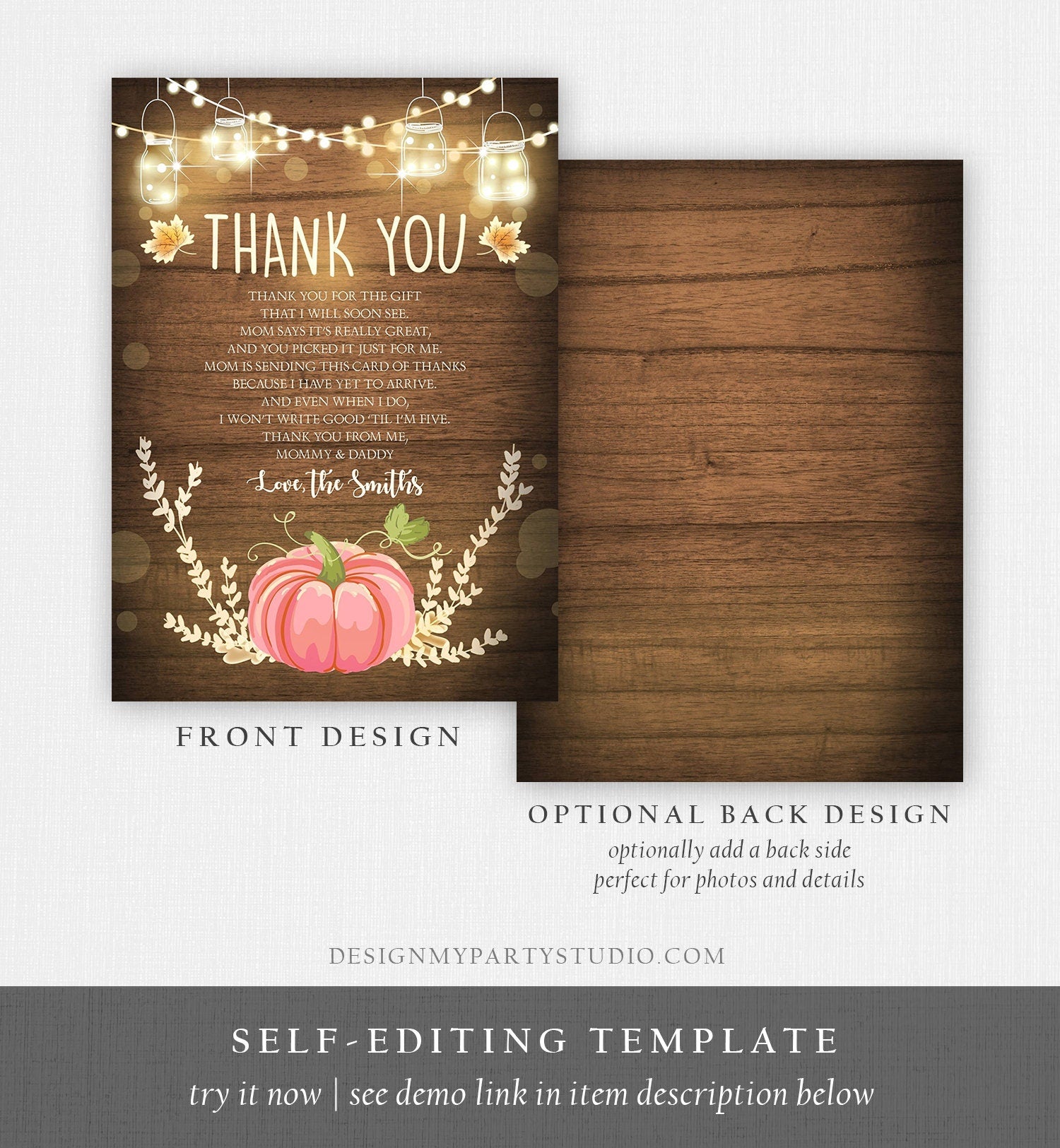 Editable Pumpkin Thank You Card Birthday Baby Shower Thank You Note Rustic Fall Autumn Little Pumpkin Sprinkle Corjl Template Printable 0015