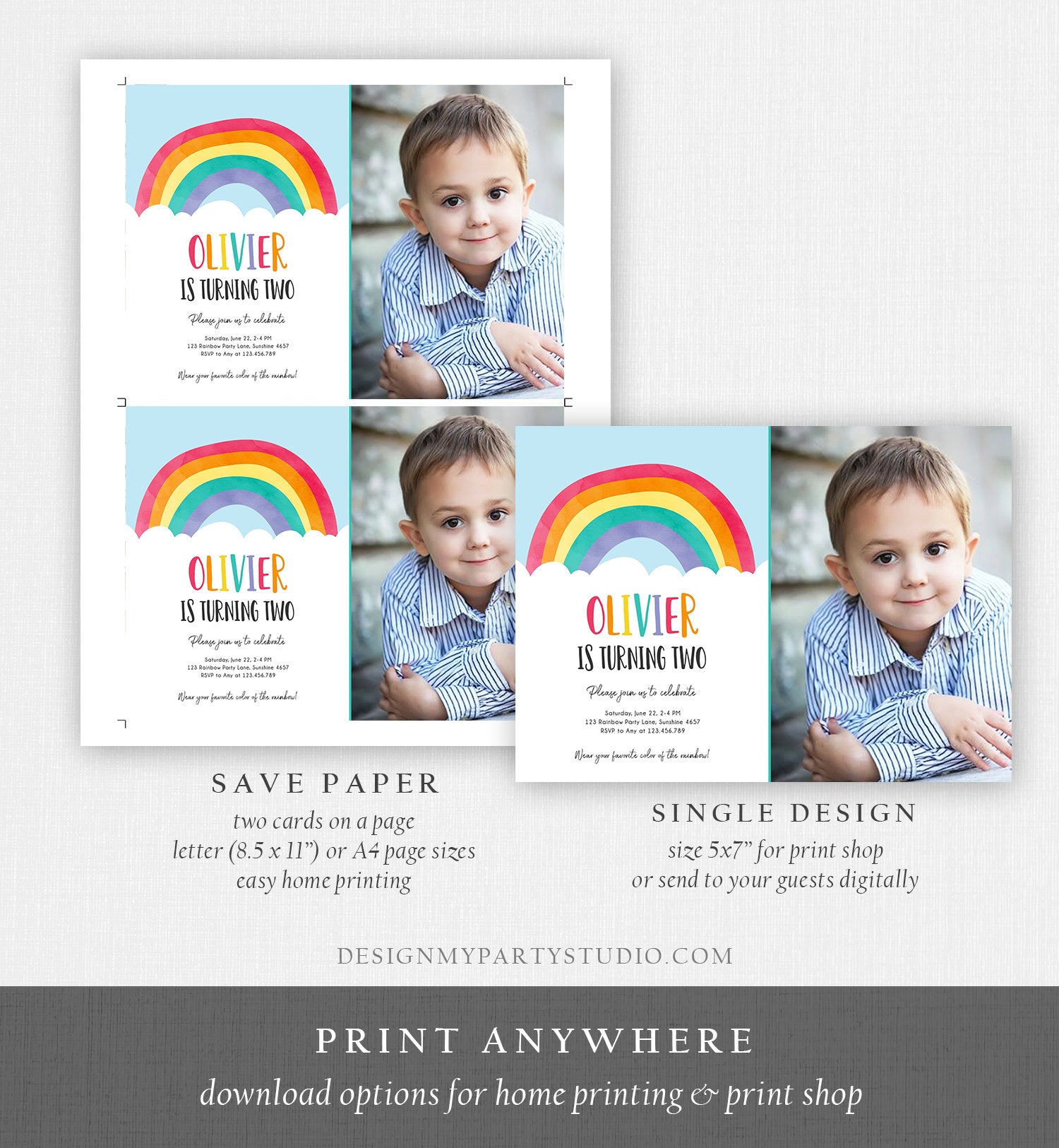 Editable Rainbow Birthday Invitation Boy Girl Neutral Clouds Blue Rainbow Fun Over the Rainbow Party Digital Corjl Template Printable 0272