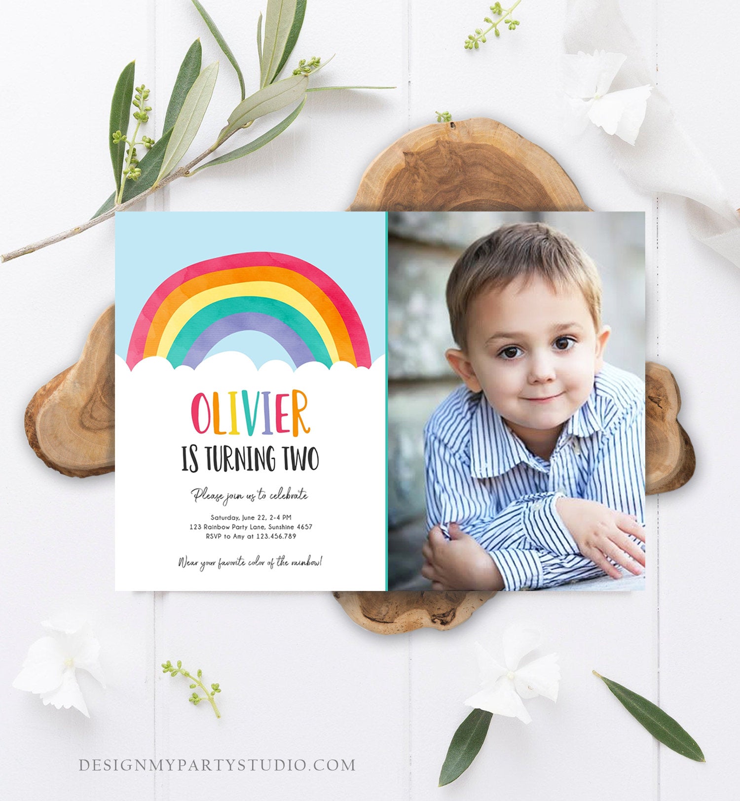 Editable Rainbow Birthday Invitation Boy Girl Neutral Clouds Blue Rainbow Fun Over the Rainbow Party Digital Corjl Template Printable 0272