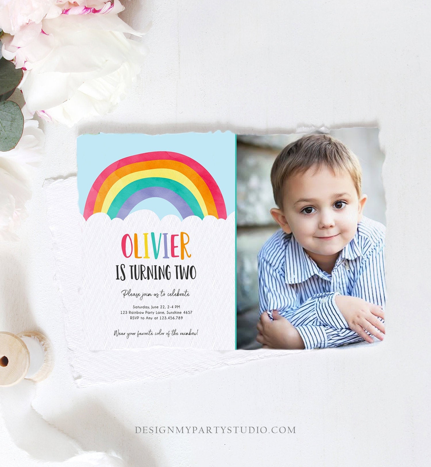 Editable Rainbow Birthday Invitation Boy Girl Neutral Clouds Blue Rainbow Fun Over the Rainbow Party Digital Corjl Template Printable 0272