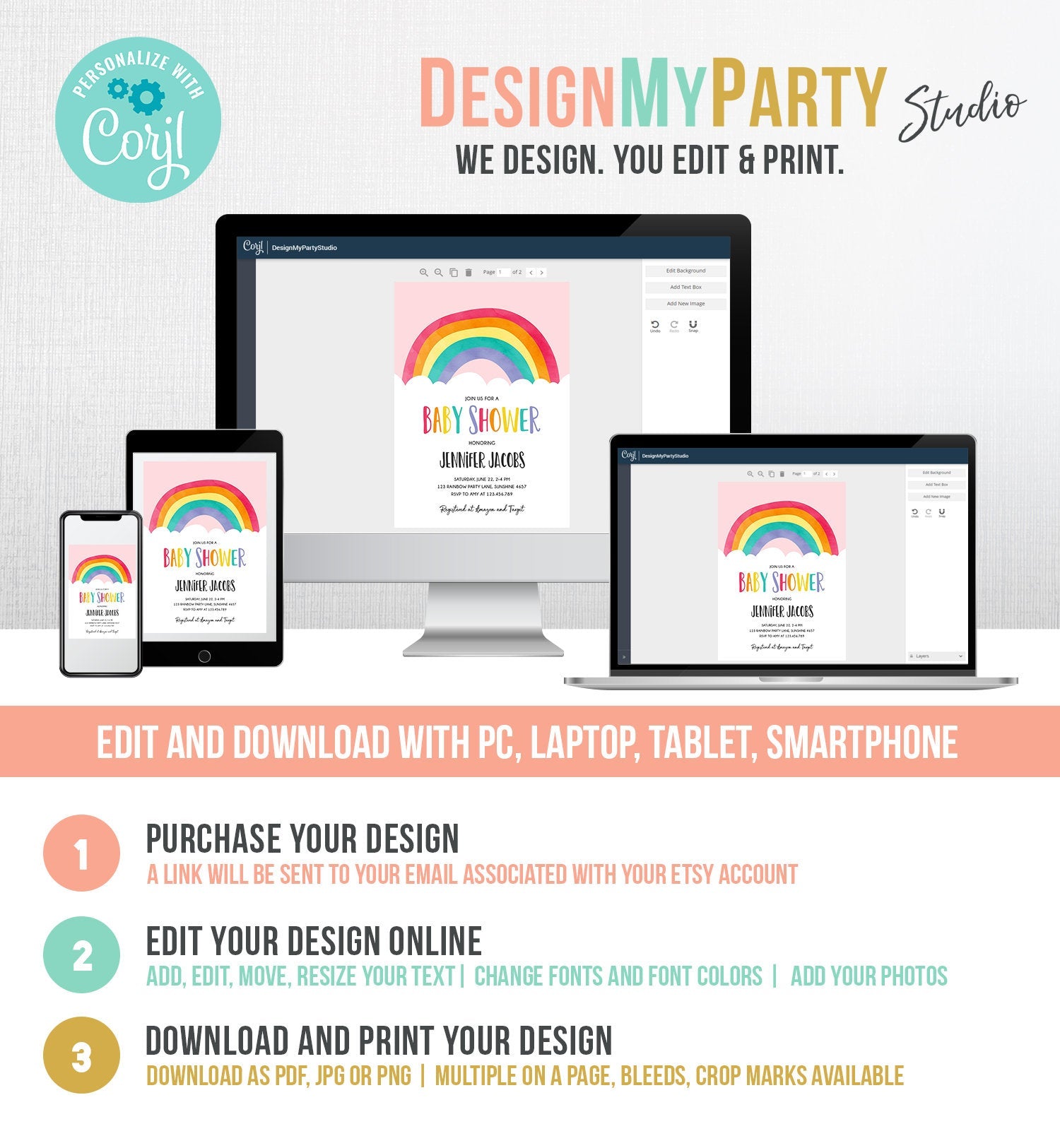 Editable Rainbow Baby Shower Invitation Boy or Girl Neutral Clouds Coed Over the Rainbow Pink or Blue Digital Corjl Template Printable 0272