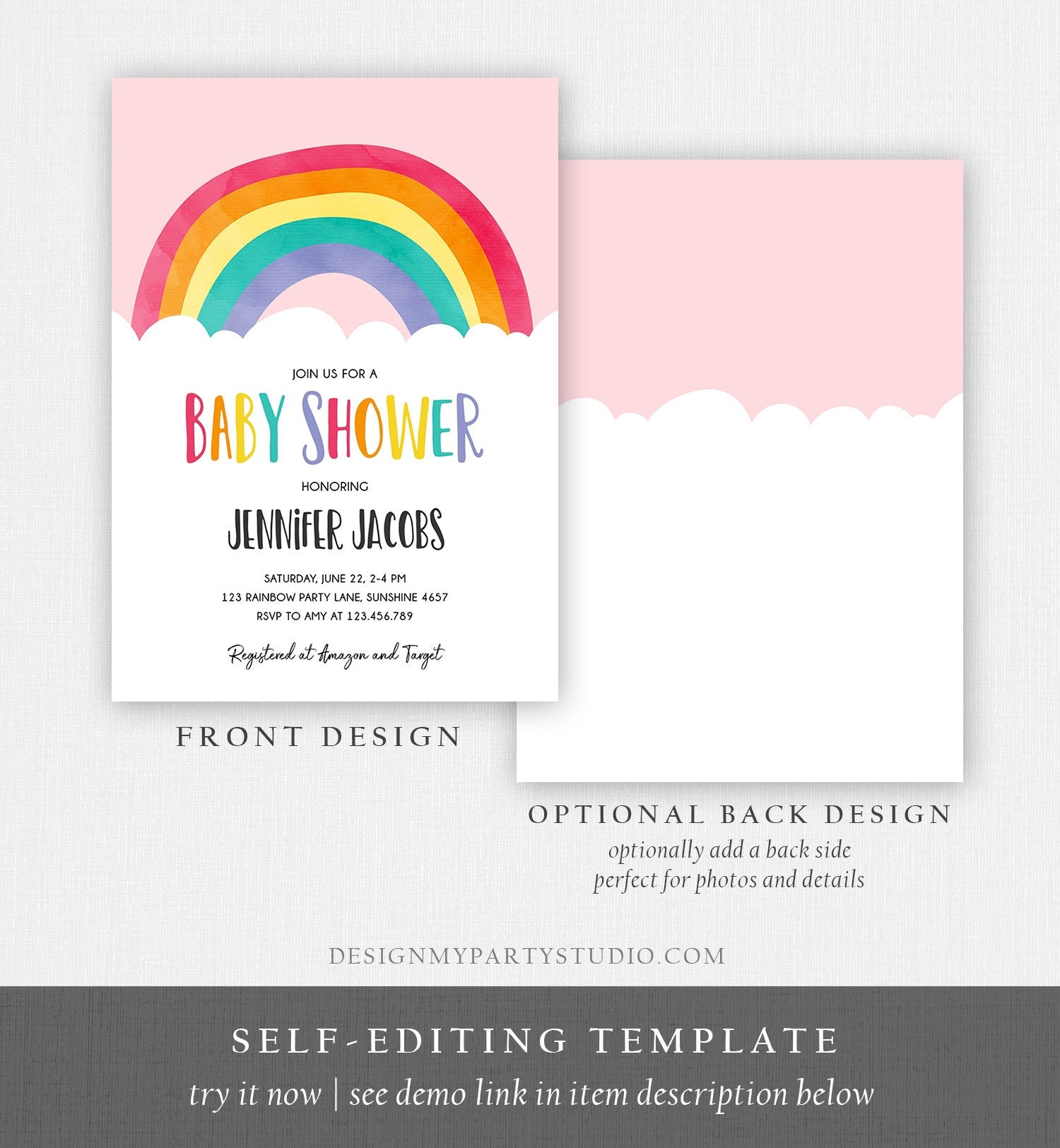 Editable Rainbow Baby Shower Invitation Boy or Girl Neutral Clouds Coed Over the Rainbow Pink or Blue Digital Corjl Template Printable 0272