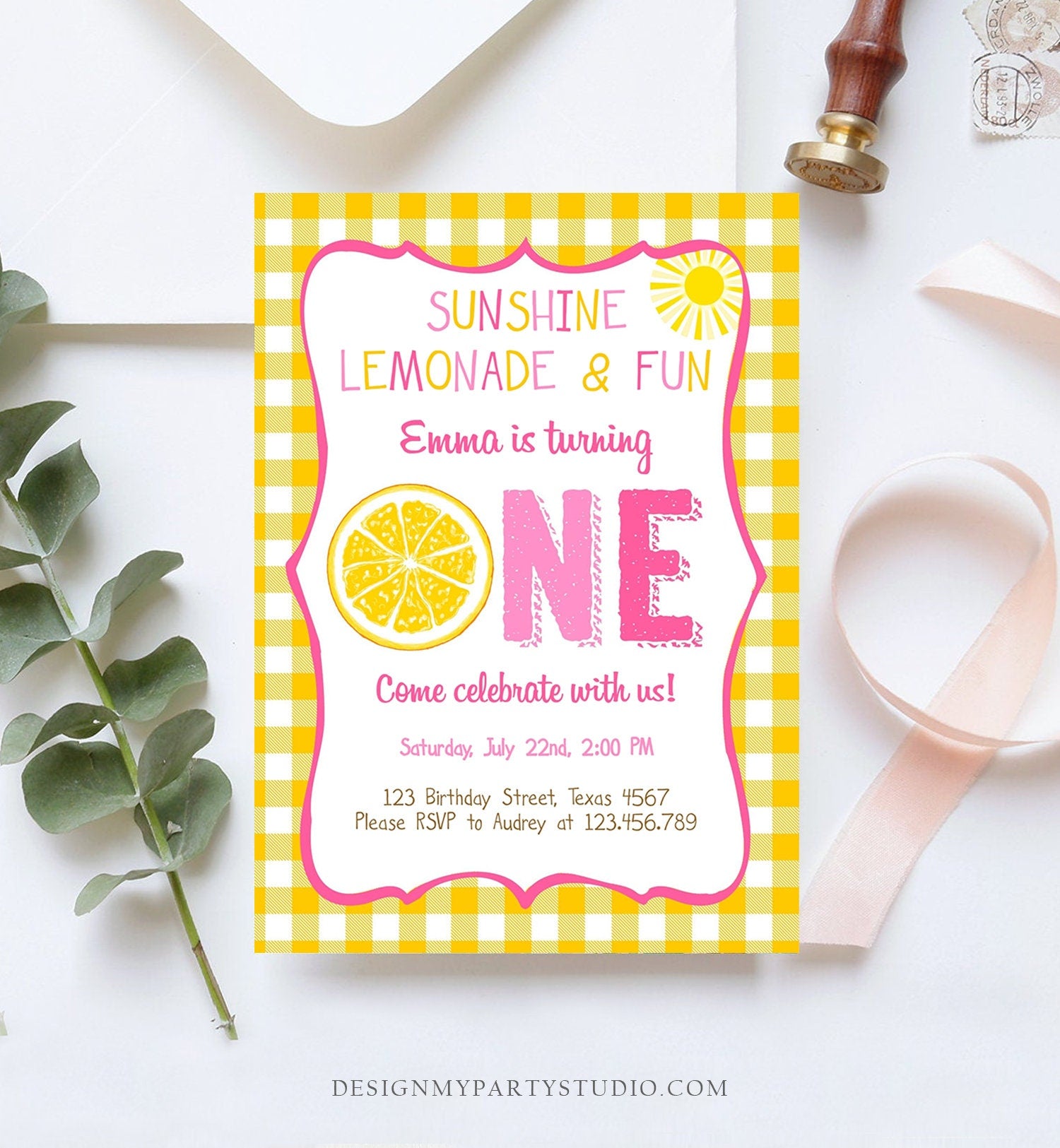 Editable Sunshine Lemonade Birthday Invitation Pink Girl Sunshine Party Lemonade and Fun Invite 1st Birthday Printable Template Corjl 0308