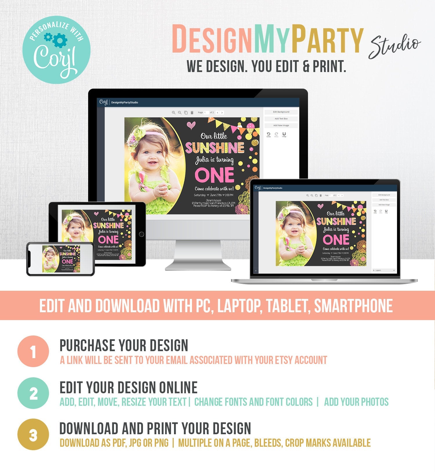 Editable Our Little Sunshine Birthday Invitation You Are My Sunshine First Birthday 1st Party Yellow Pink Girl Download Corjl Template 0239