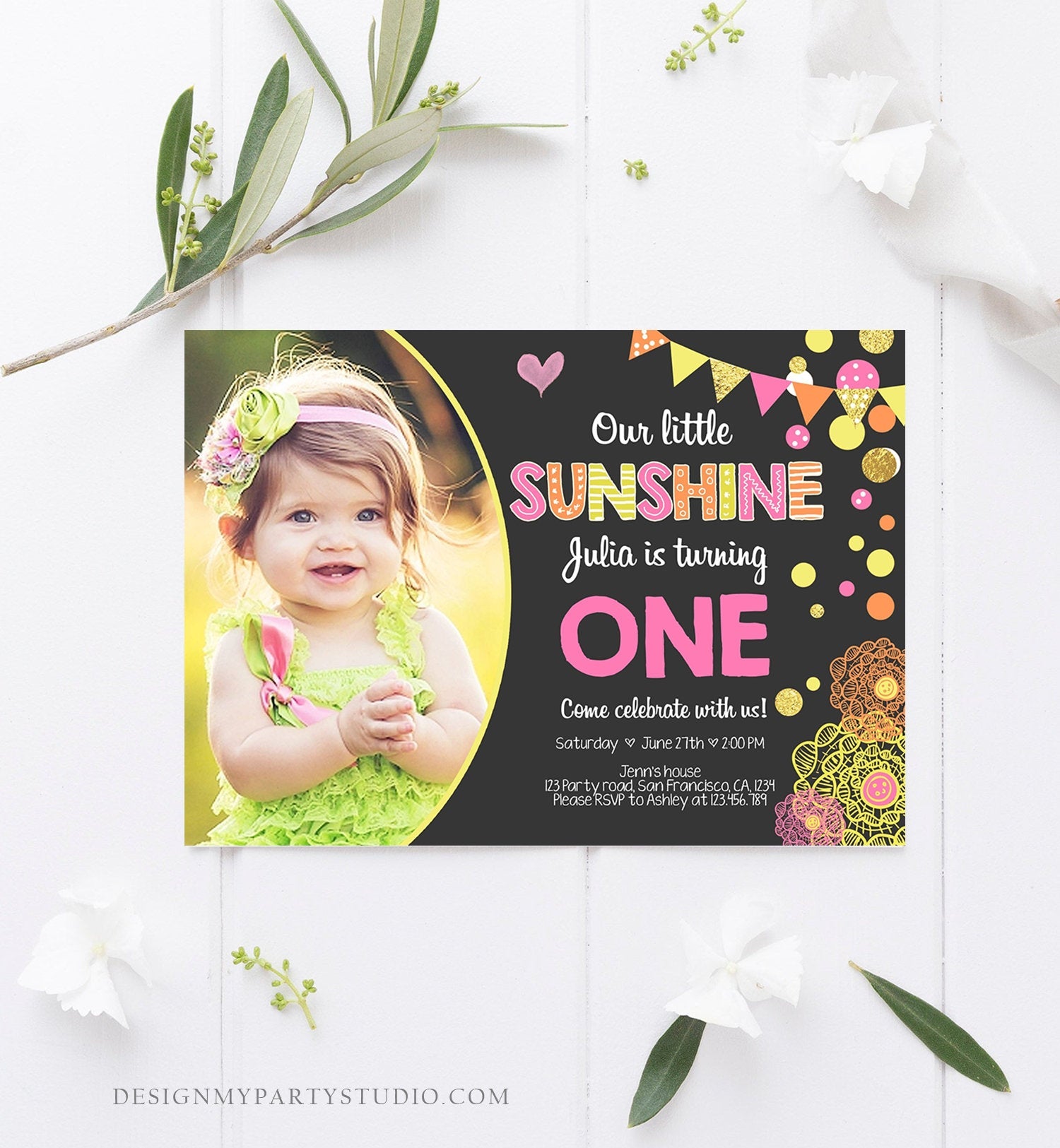 Editable Our Little Sunshine Birthday Invitation You Are My Sunshine First Birthday 1st Party Yellow Pink Girl Download Corjl Template 0239