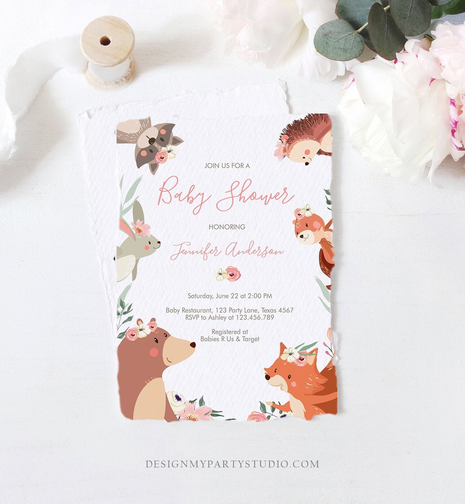 Editable Woodland Baby Shower Invitation Woodland Animals Floral Boho Girl Forest Instant Download Printable Template Digital Corjl 0222