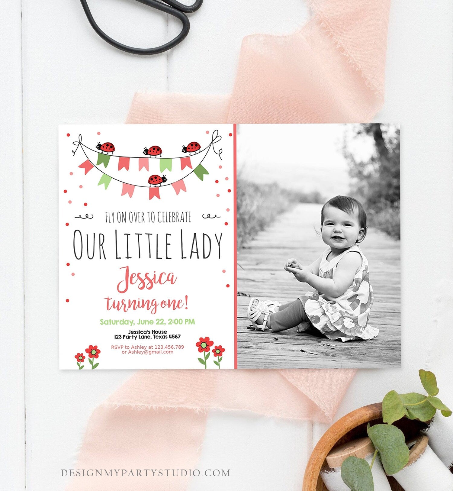 Editable Ladybug Birthday invitation Lady Bug Invite Bug Girl Birthday Pink Summer Instant Download Printable Invitation Template Corjl 0126