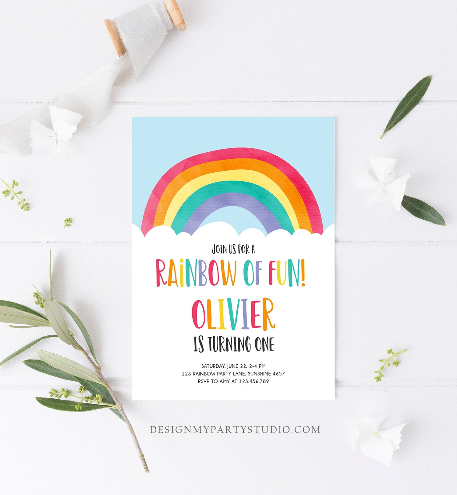Editable Rainbow Fun Birthday Invitation Boy Girl Neutral Clouds Blue Rainbow Fun First Birthday Digital Corjl Template Printable 0272