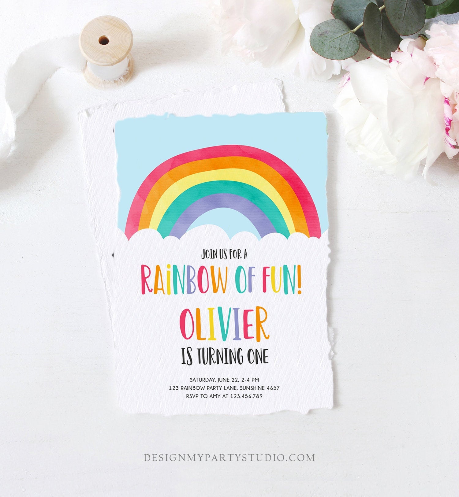 Editable Rainbow Fun Birthday Invitation Boy Girl Neutral Clouds Blue Rainbow Fun First Birthday Digital Corjl Template Printable 0272