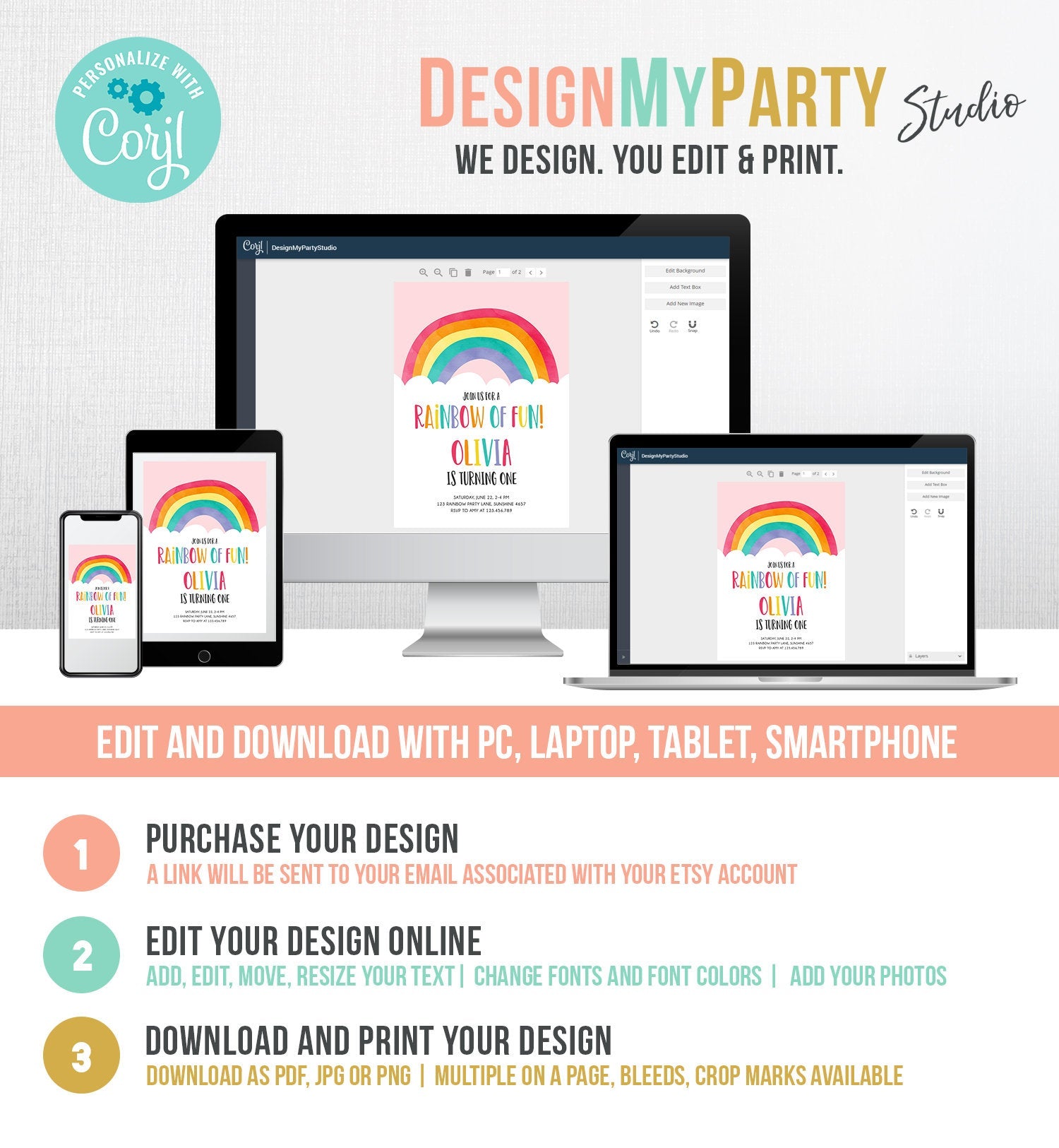 Editable Rainbow Fun Birthday Invitation Boy Girl Neutral Clouds Pink Rainbow Fun First Birthday Digital Corjl Template Printable 0272