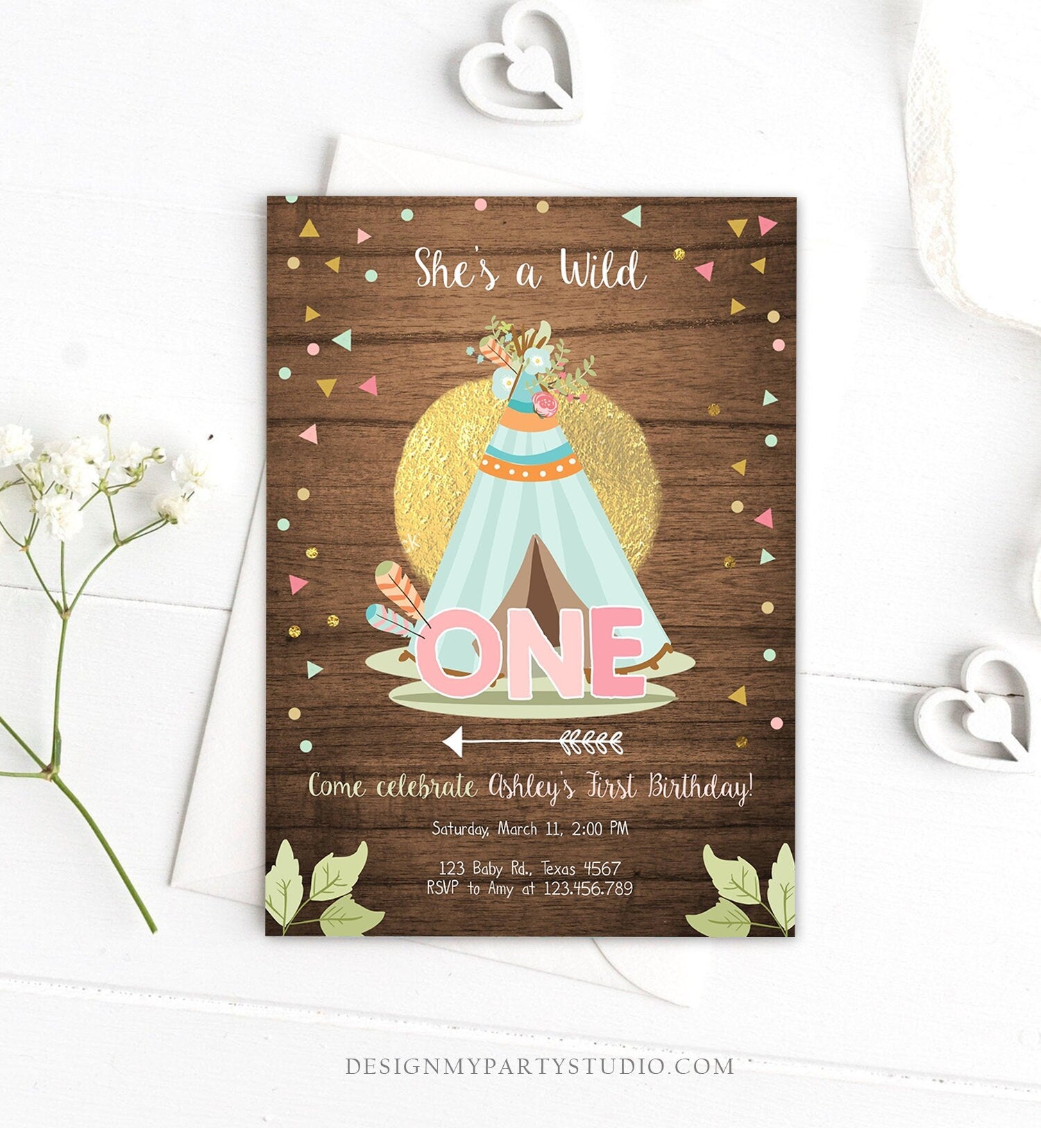 Editable Wild One Birthday Invitation Teepee Boho Tribal First Birthday Girl Pink Gold Teal Digital Download Printable Corjl Template 0092