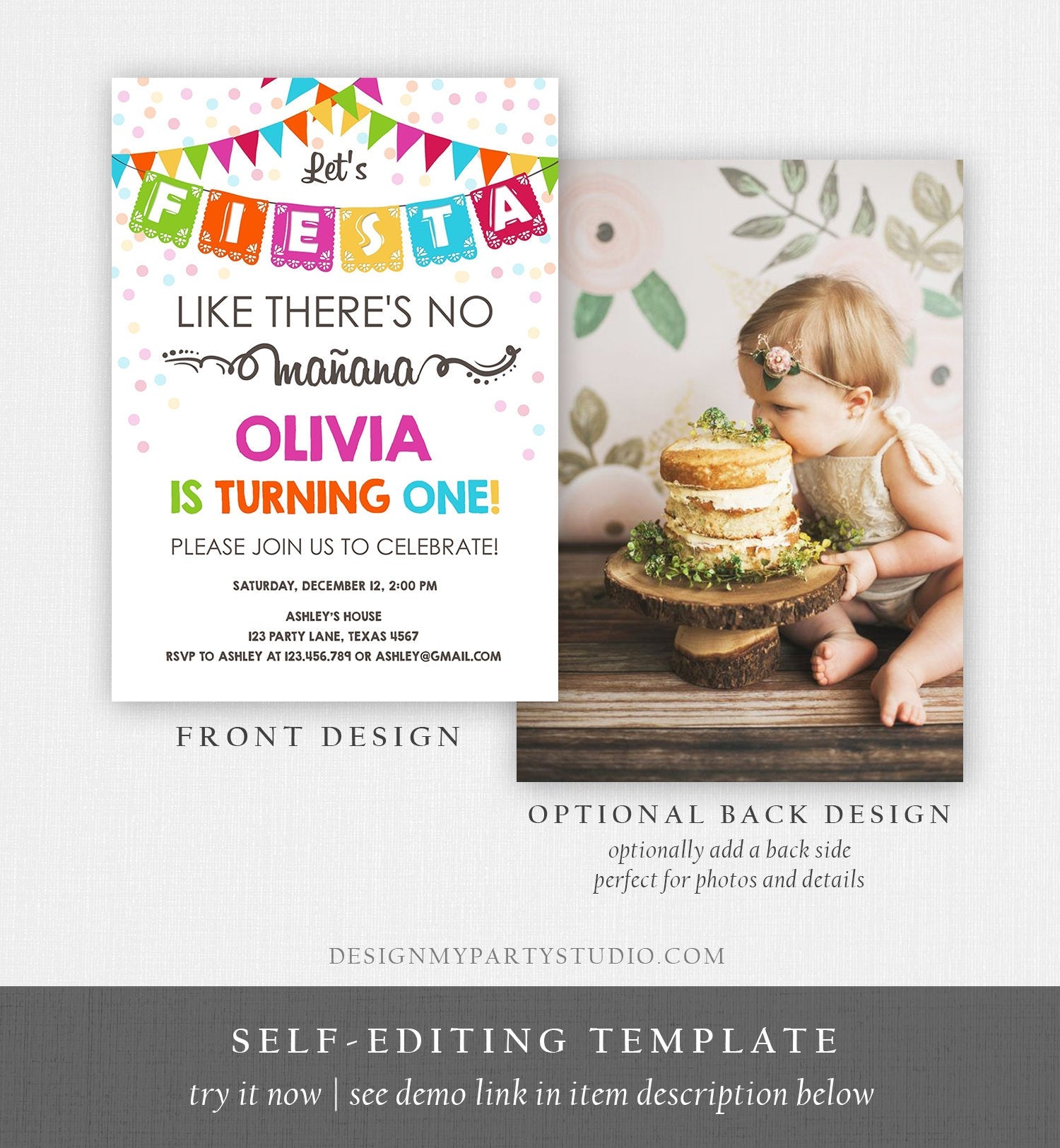 Editable Fiesta Birthday Invitation Let's Fiesta Like There is no Manana Cactus Mexican No Time to Siesta First Birthday Corjl Template 0045