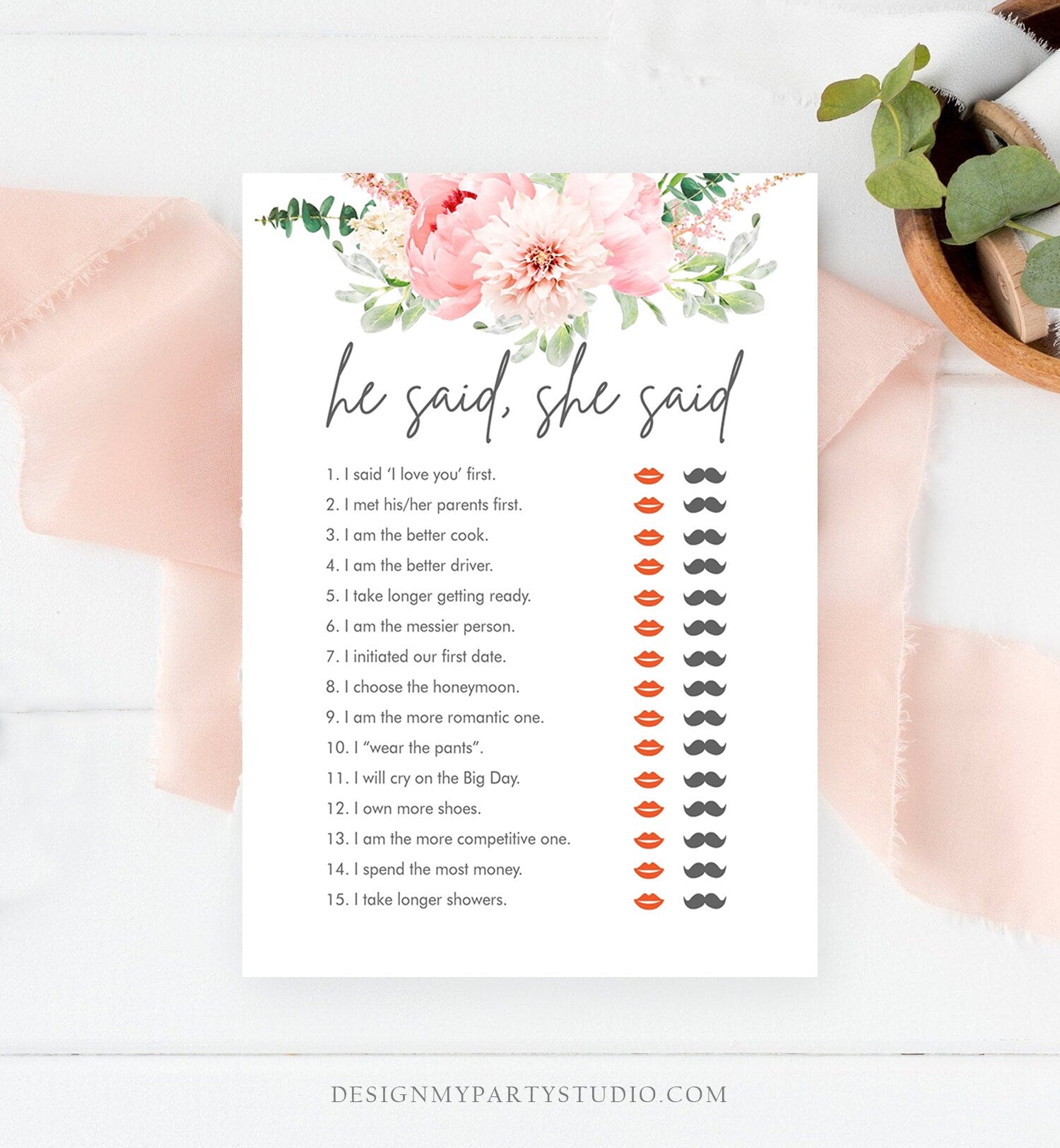 Editable He Said She Said Bridal Shower Game Botanical Flowers Floral Pink Peony Greenery Digital Download Corjl Template Printable 0167