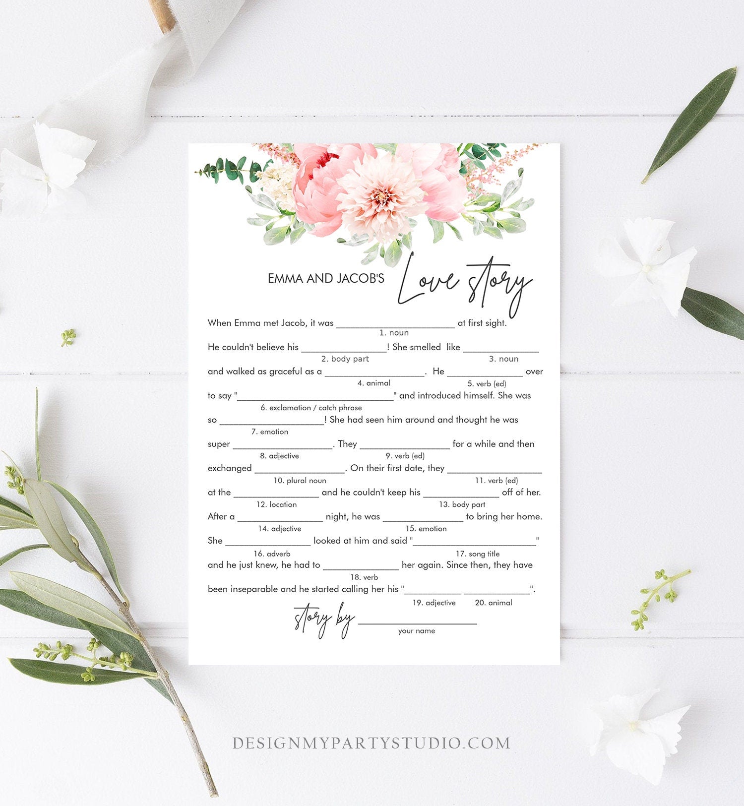 Editable Love Story Bridal Shower Game Mad Libs Botanical Flowers Floral Pink Peony Greenery Digital Download Corjl Template Printable 0167
