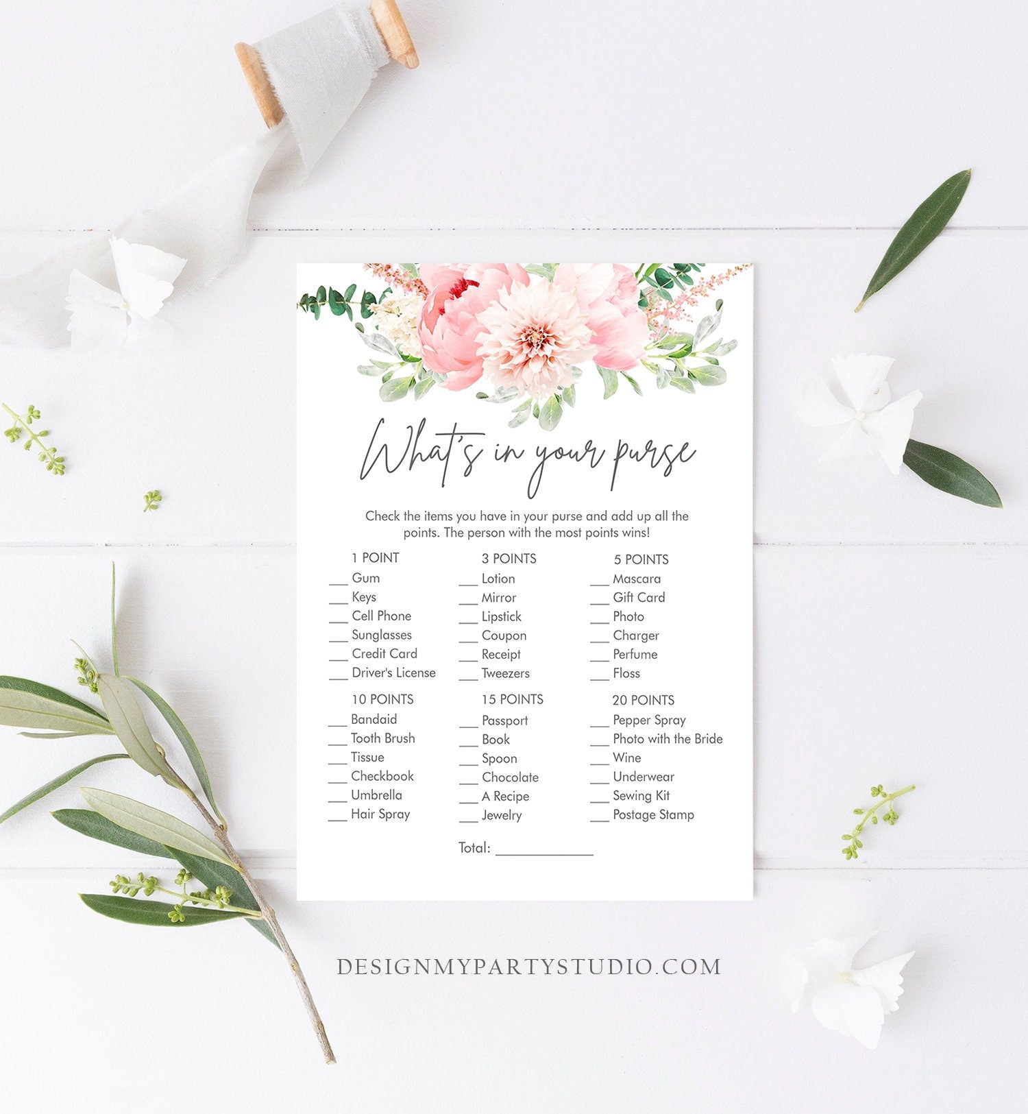 Editable What's in Your Purse Bridal Shower Game Botanical Flowers Floral Pink Peony Greenery Whats Download Corjl Template Printable 0167