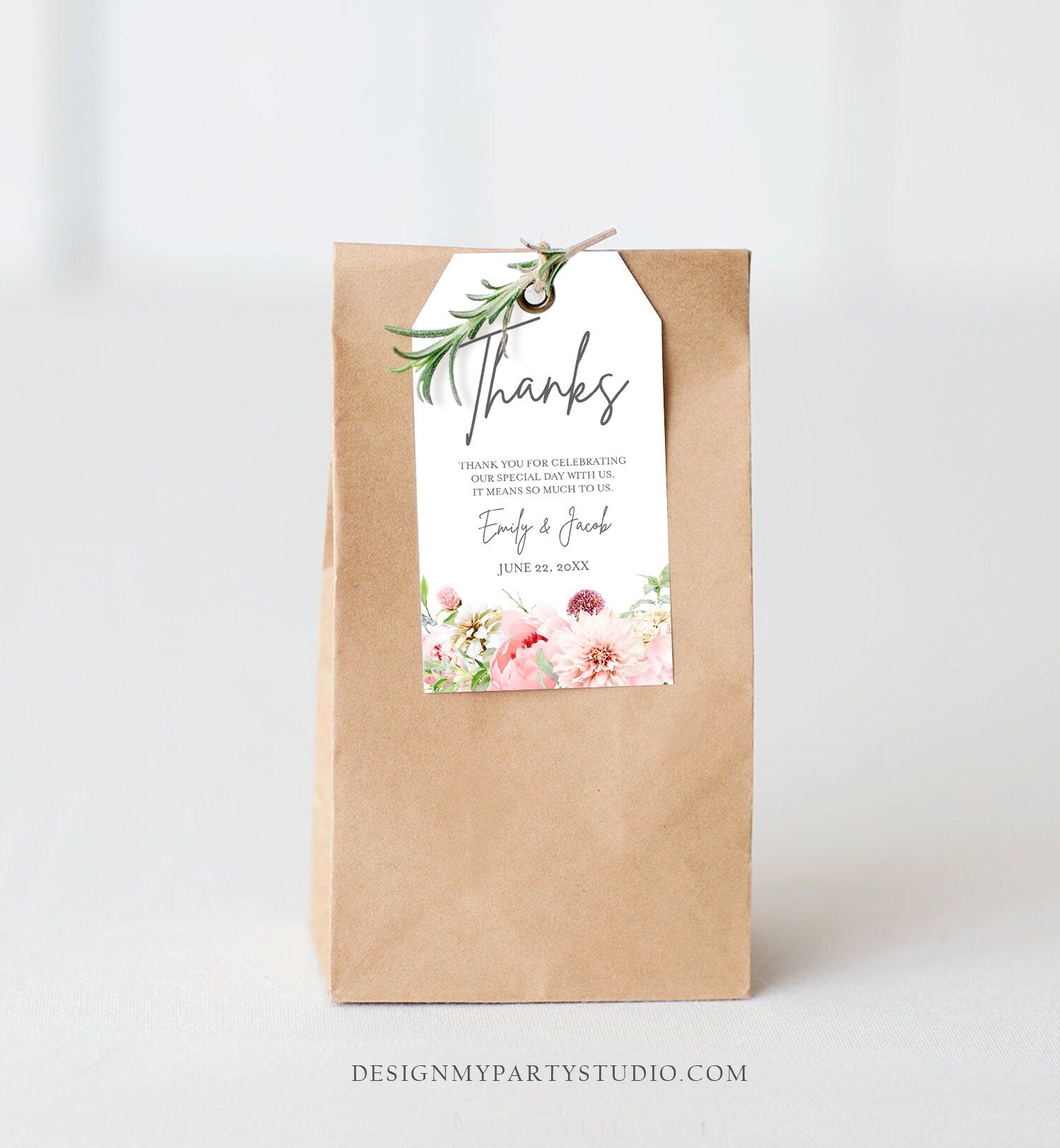 Editable Botanical Flowers Favor Tag Thank You Tags Bridal Shower Wedding Pink Flowers Foliage Greenery Peony Corjl Template Printable 0167