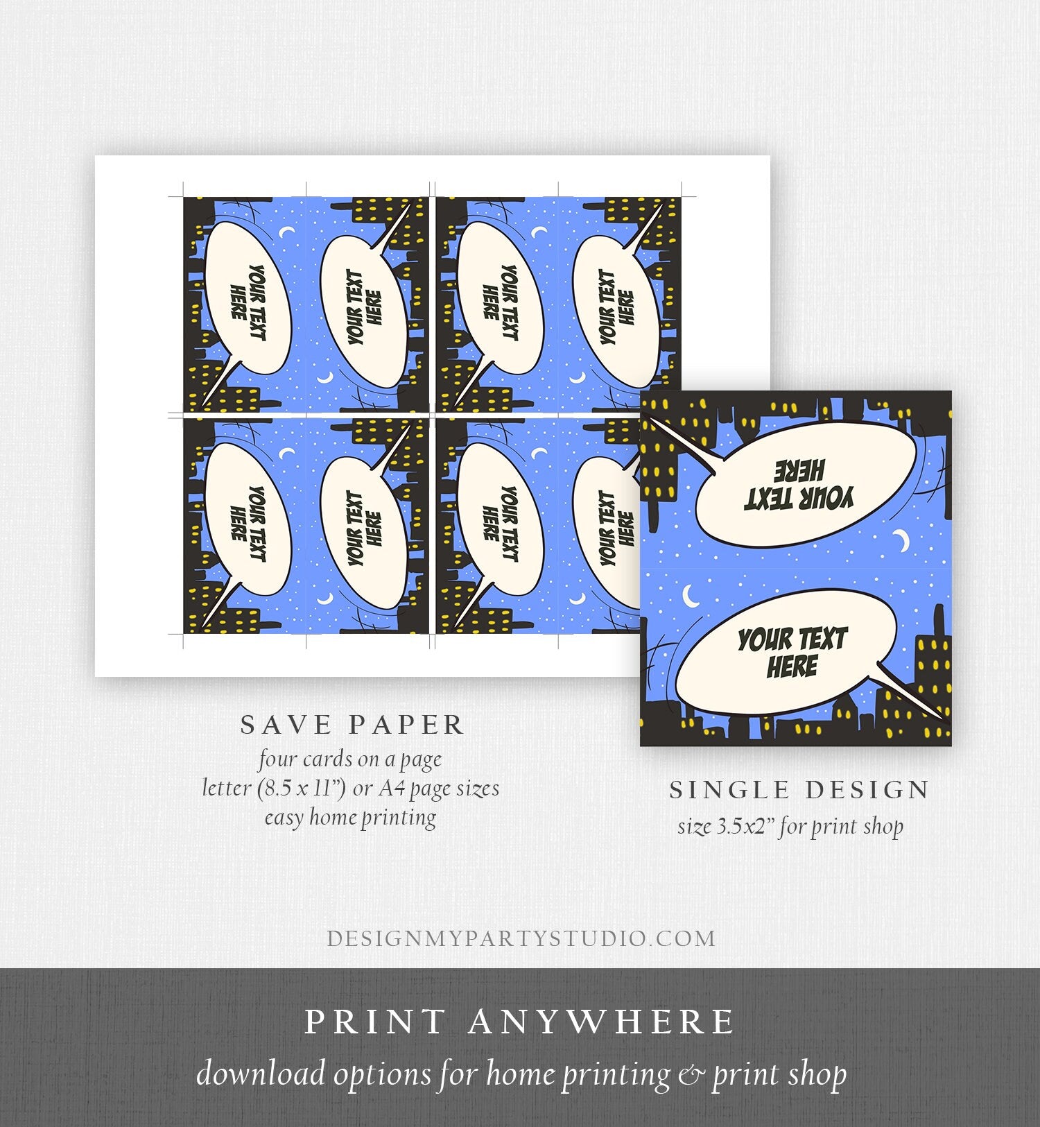 Editable Superhero Food Labels Superhero Folding Buffet Cards Place Card Super Hero Birthday Boy Comic Book Superheroes Corjl Template 0300