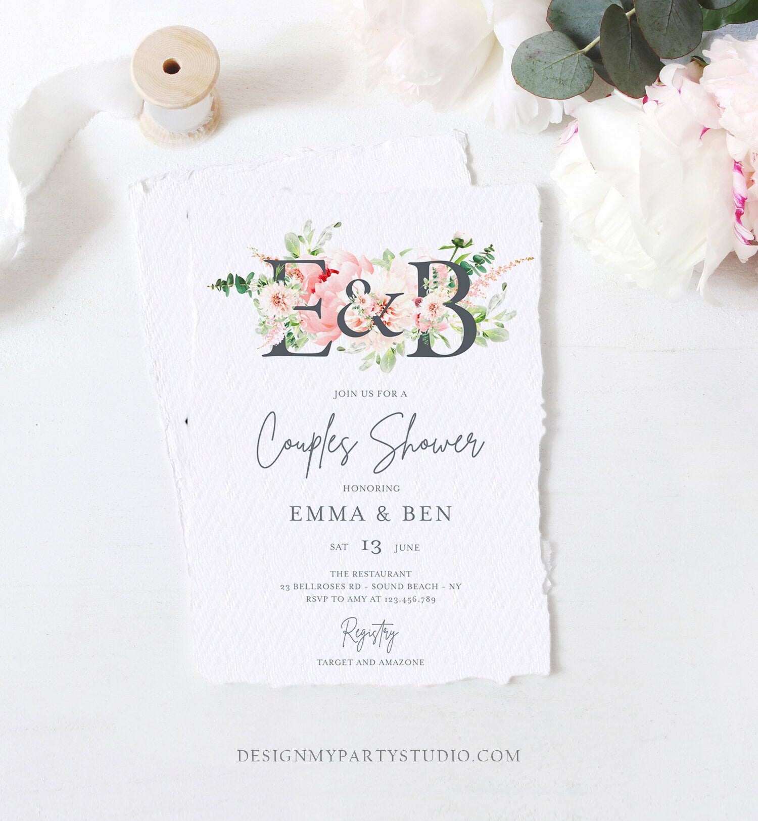 Editable Monogram Botanical Flowers Bridal Shower Invitation Floral Greenery Couples Pastel Pink Peony Corjl Template Printable 0167
