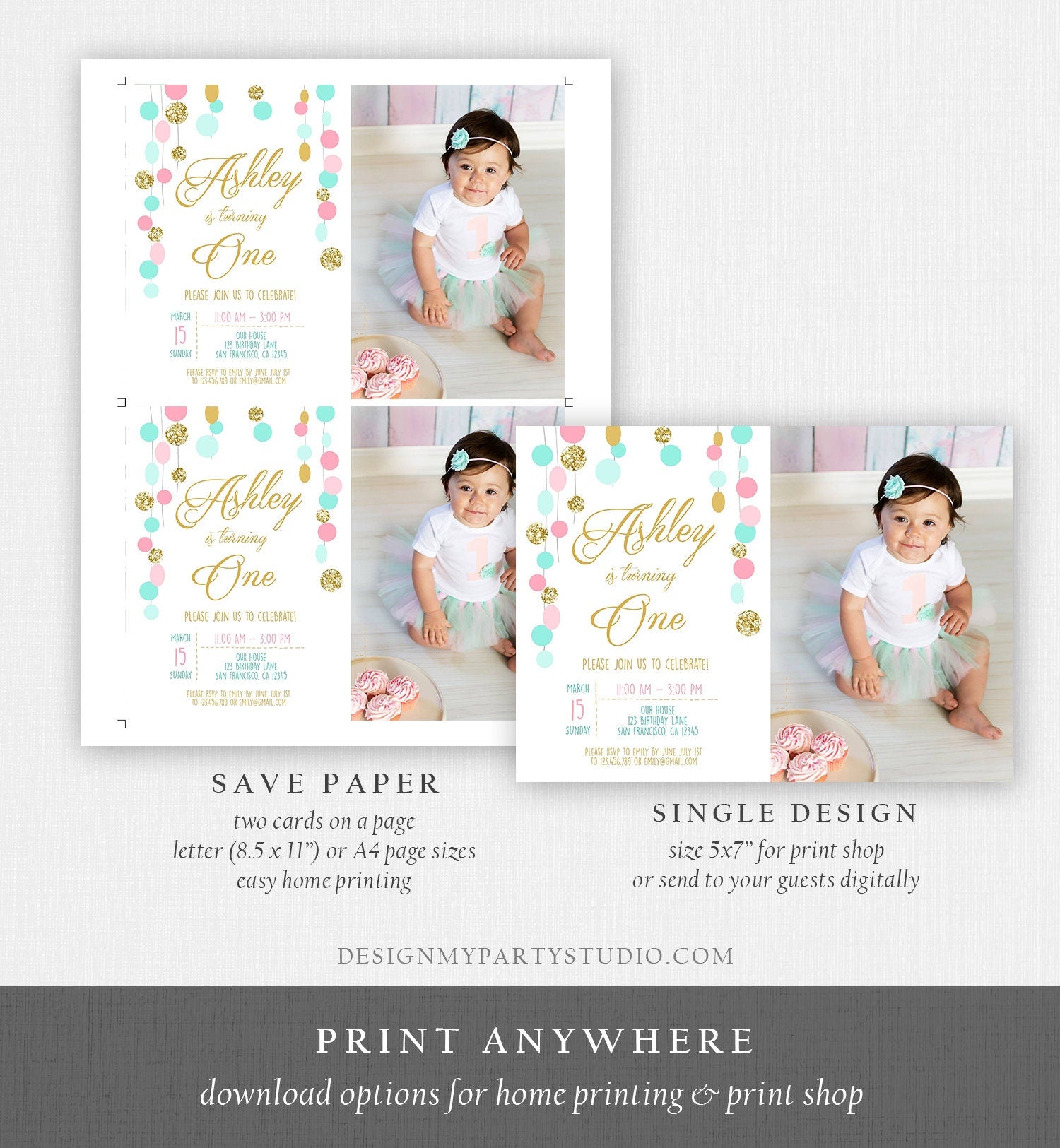Editable Birthday Invitation Girl Confetti Pink Mint Gold First Birthday 1st Birthday Simple Printable Invite Template Corjl Digital 0245