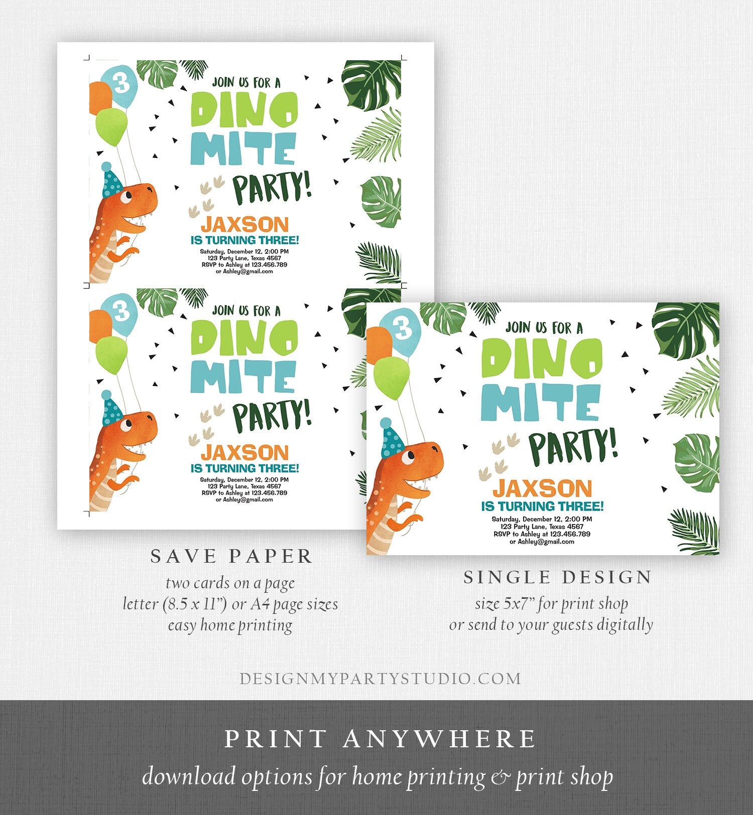 Editable Dinosaur Birthday Invitation Dino mite T-Rex Dig Party Prehistoric Boy Dino Fossil Download Printable Invite Template Corjl 0074