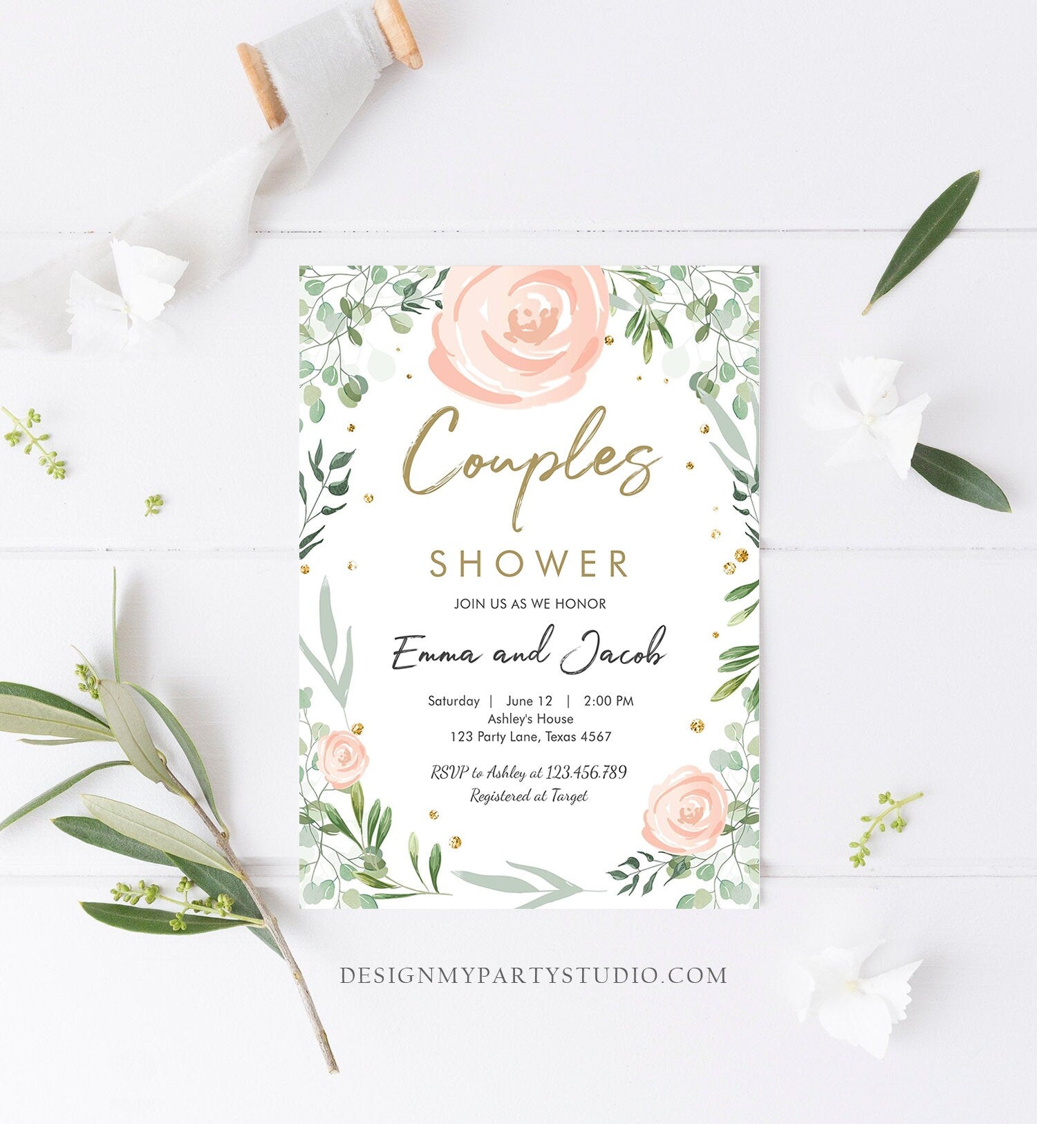 Editable Bohemian Couples Shower Invitation Eucalyptus Greenery Pink Floral Wedding Shower Instant Download Corjl Template Printable 0253