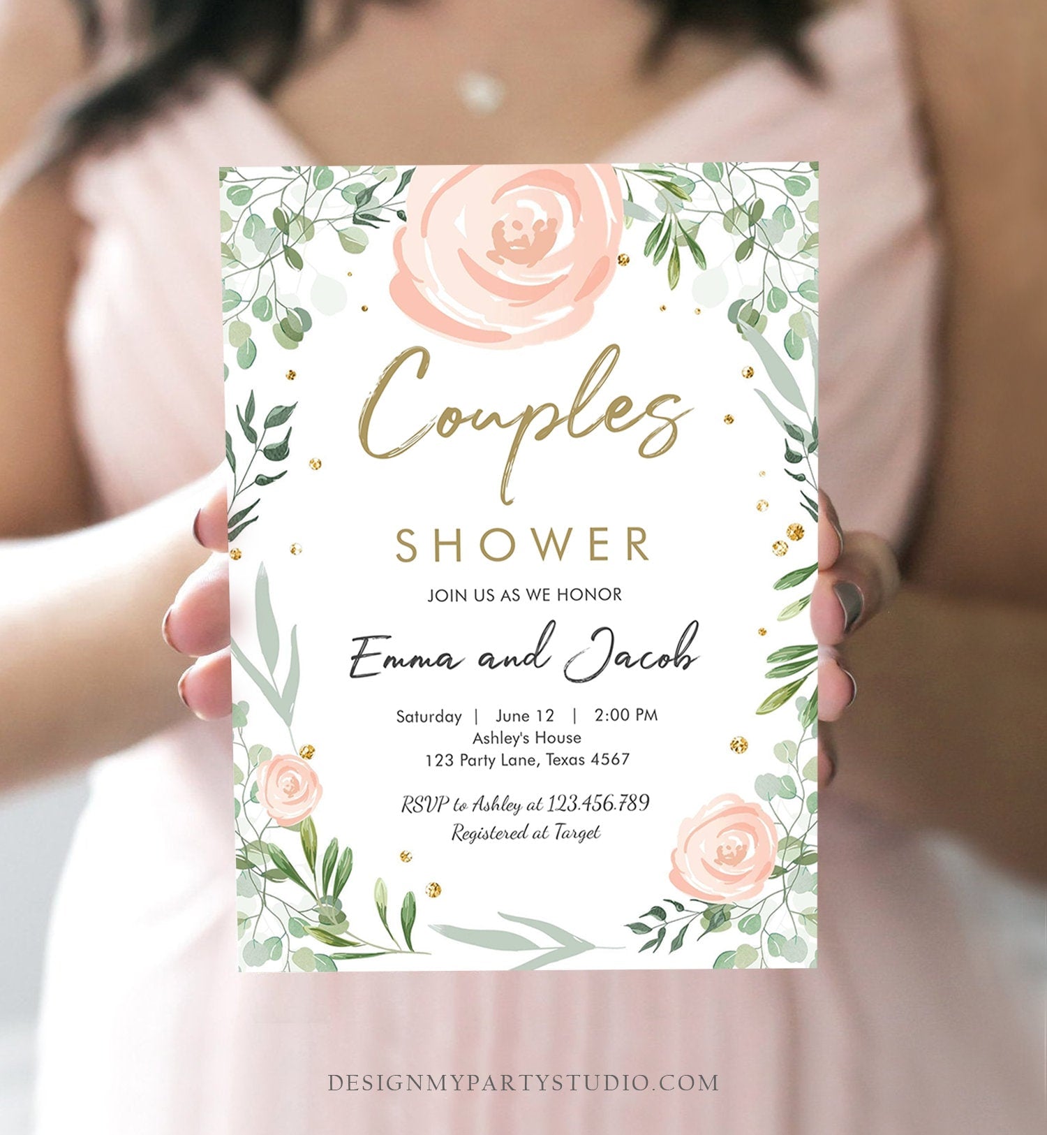 Editable Bohemian Couples Shower Invitation Eucalyptus Greenery Pink Floral Wedding Shower Instant Download Corjl Template Printable 0253