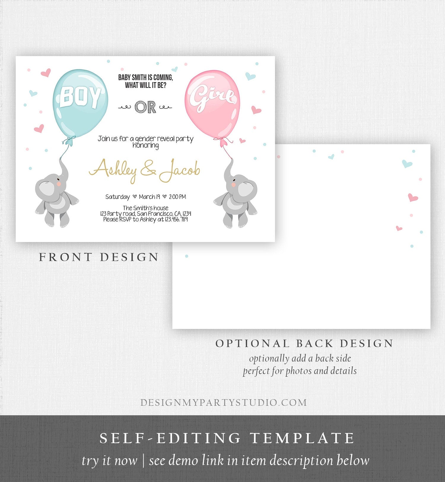 Editable Gender Reveal Invitation Elephants Boy or Girl Blue or Pink He or She Cute Elephant Hearts Download Printable Template Corjl 0037