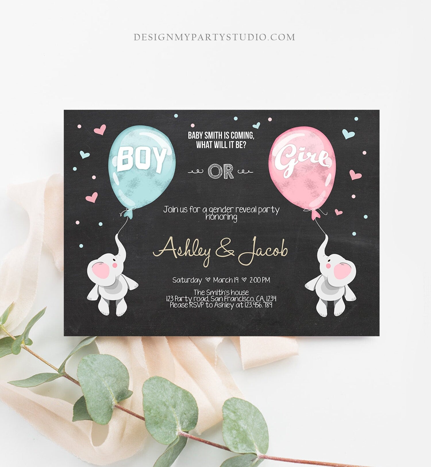 Editable Gender Reveal Invitation Elephants Boy or Girl Blue or Pink He or She Cute Elephant Hearts Download Printable Template Corjl 0037