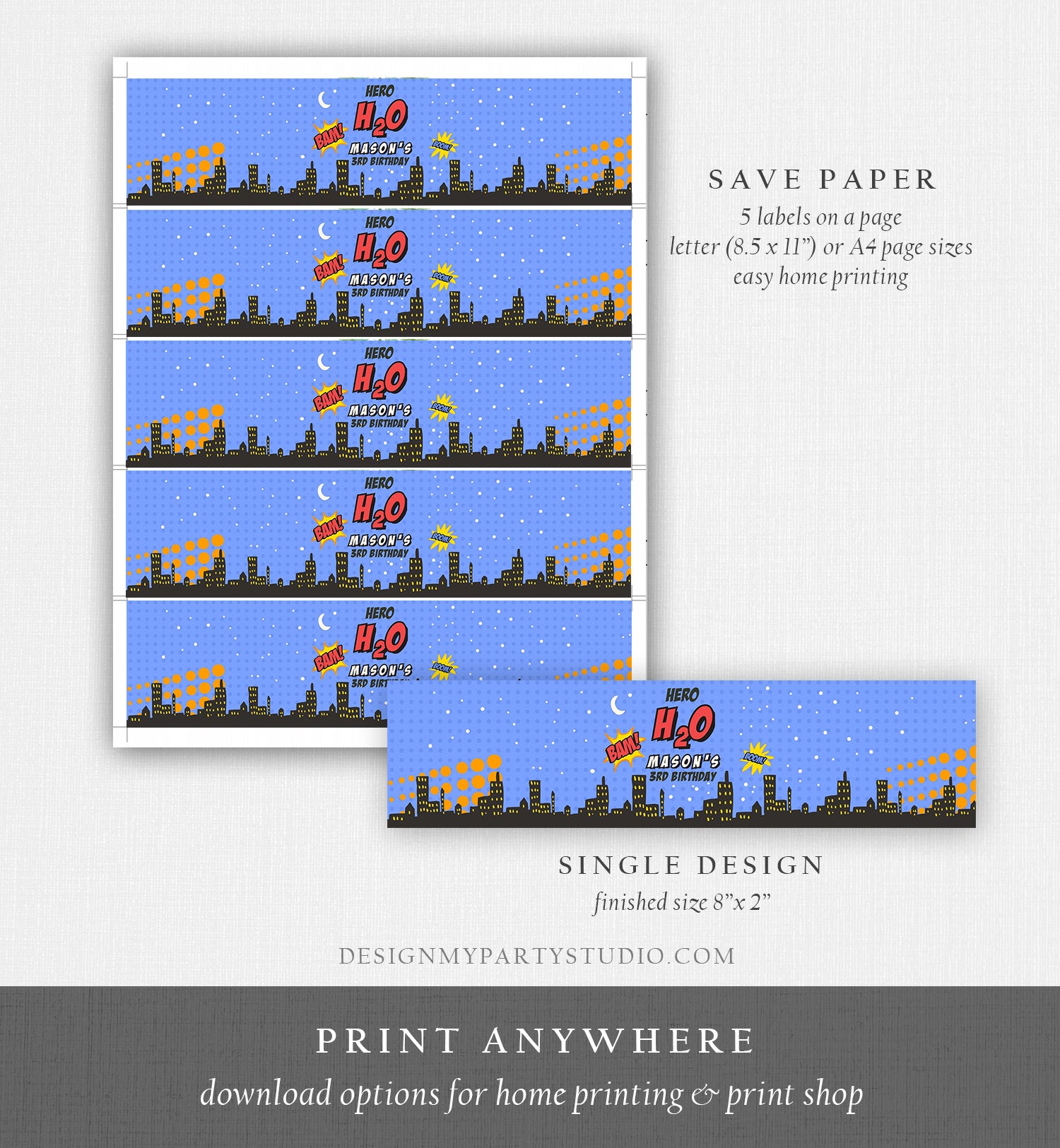 Editable Water Bottle Labels Superhero Birthday Superheroes Birthday Decor Water Label Boy Birthday Super hero Printable Template Corjl 0300