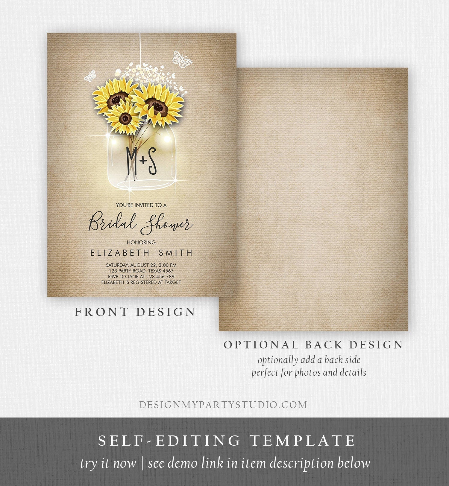 Editable Sunflowers Bridal Shower Invitation Rustic Sunflower Mason Jars Lights Butterfly Download Printable Template Corjl Digital 0116