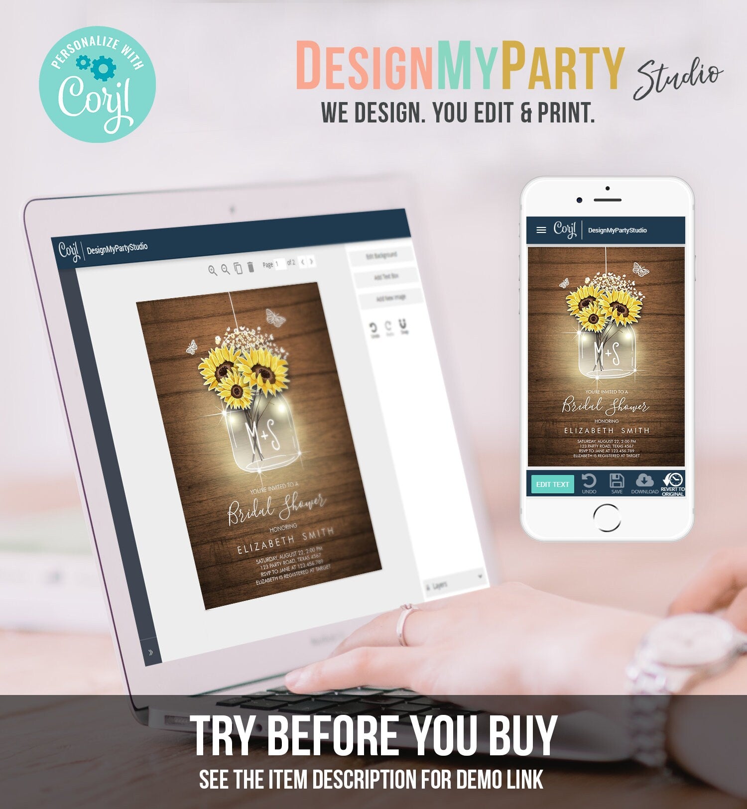 Editable Sunflowers Bridal Shower Invitation Rustic Sunflower Mason Jar Wood Spring Butterfly Download Printable Template Corjl Digital 0116