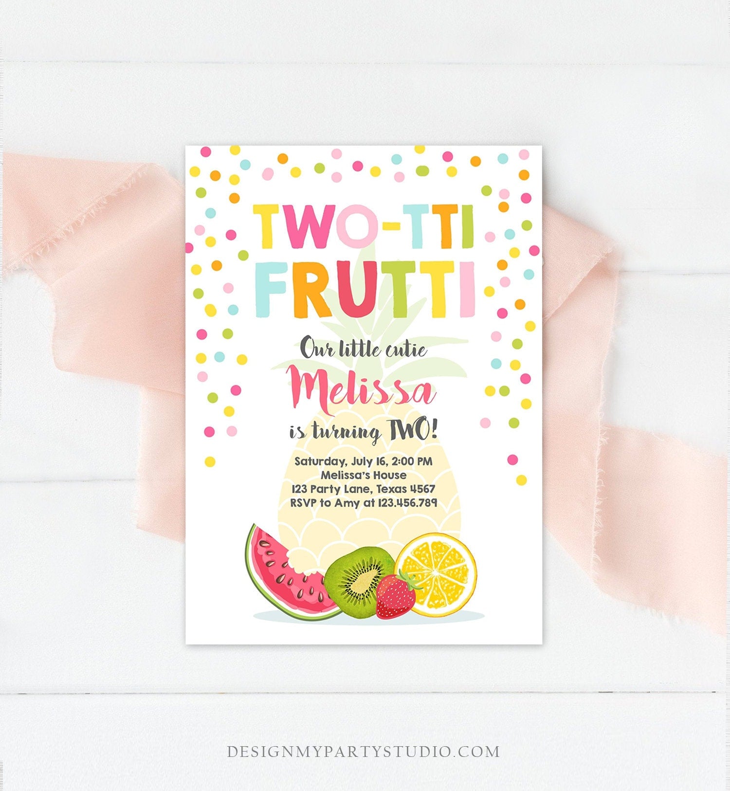 Editable Two-tti Frutti Second Birthday Invitation 2nd Party Fruit Pineapple Orange Melon Tutti Frutti Digital Download Corjl Template 0205