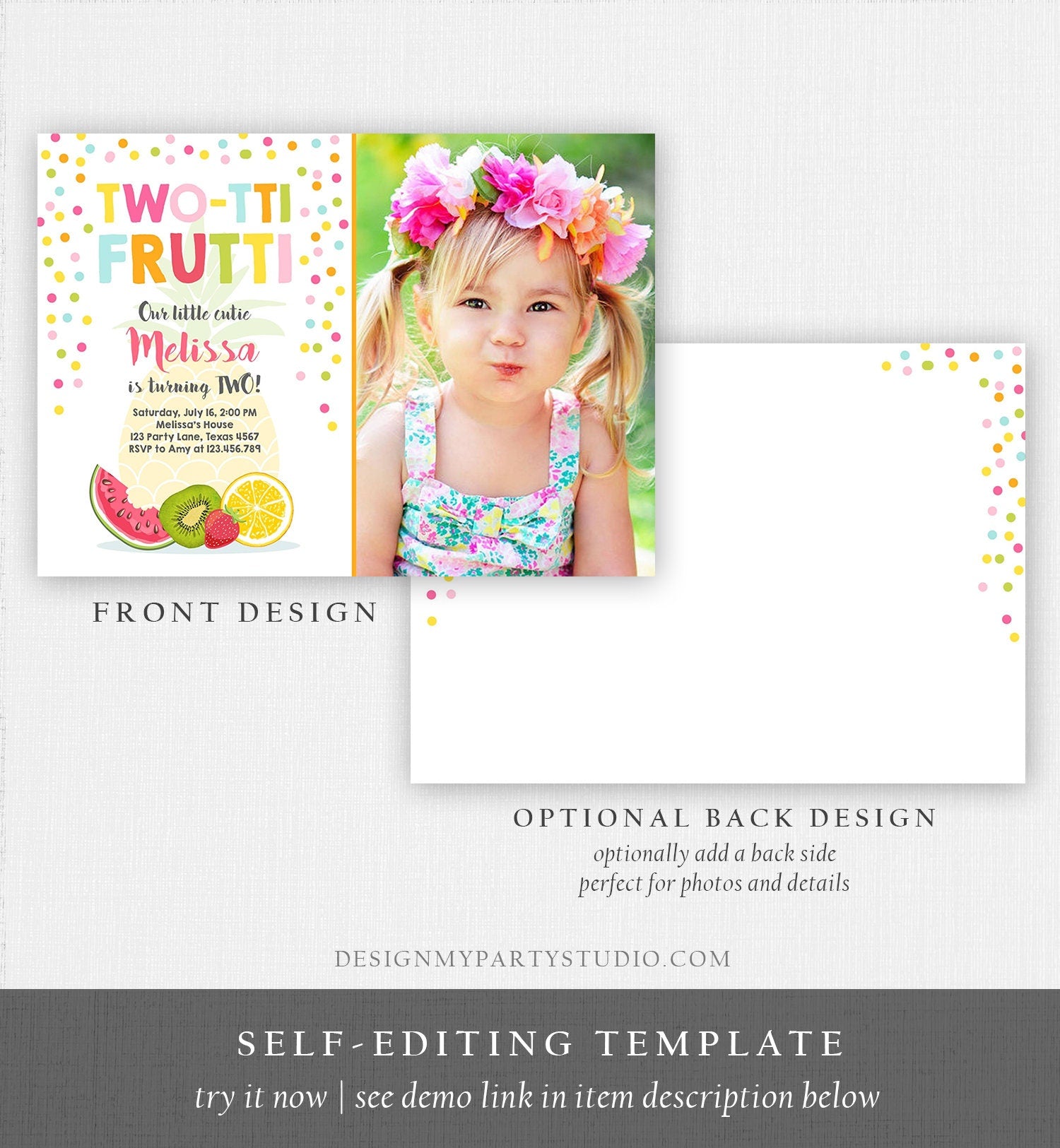 Editable Two-tti Frutti Second Birthday Invitation 2nd Party Fruit Pineapple Orange Melon Tutti Frutti Digital Download Corjl Template 0205