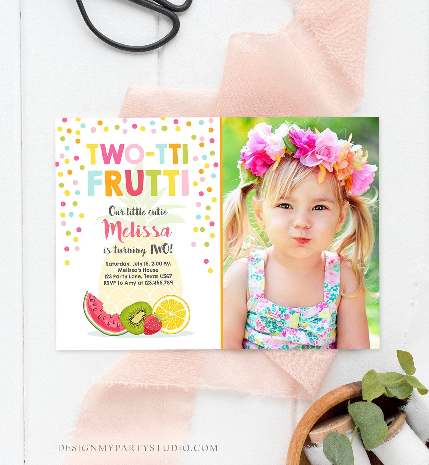 Editable Two-tti Frutti Second Birthday Invitation 2nd Party Fruit Pineapple Orange Melon Tutti Frutti Digital Download Corjl Template 0205