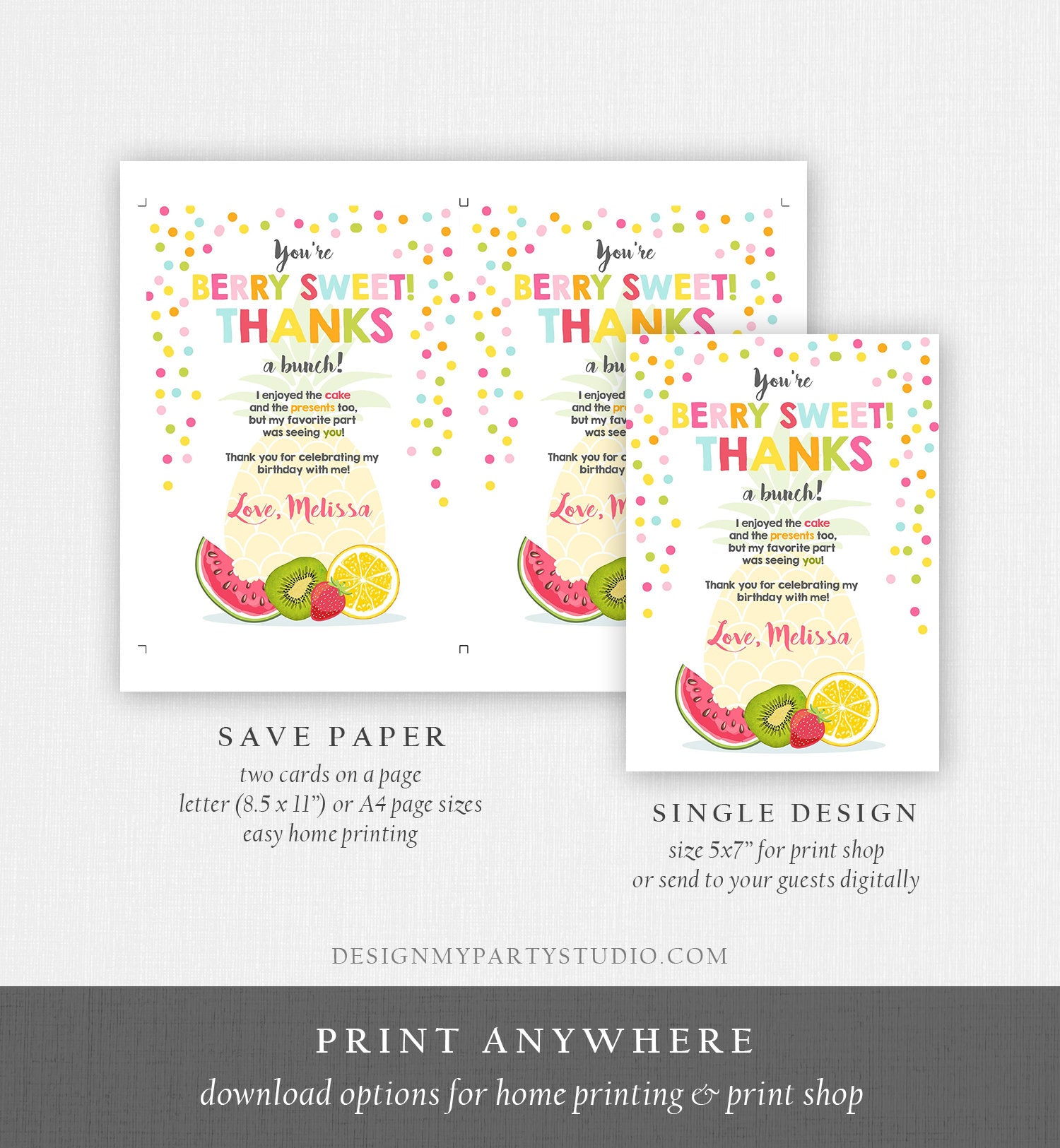 Editable Fruit Thank You Card Two-tti Frutti Party Birthday Pineapple Melon Orange Tutti Frutti Download Printable Corjl Template 0205