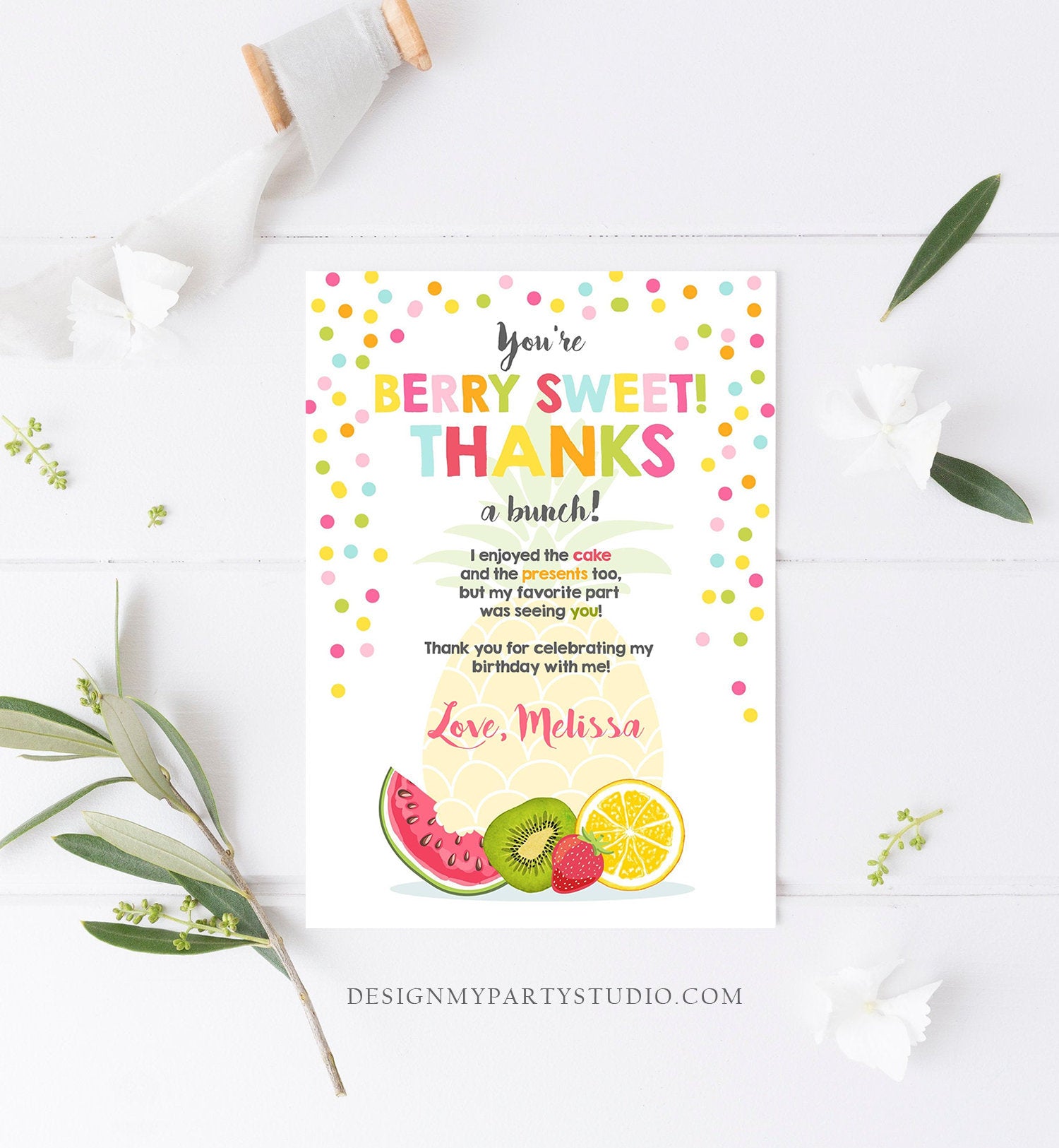 Editable Fruit Thank You Card Two-tti Frutti Party Birthday Pineapple Melon Orange Tutti Frutti Download Printable Corjl Template 0205